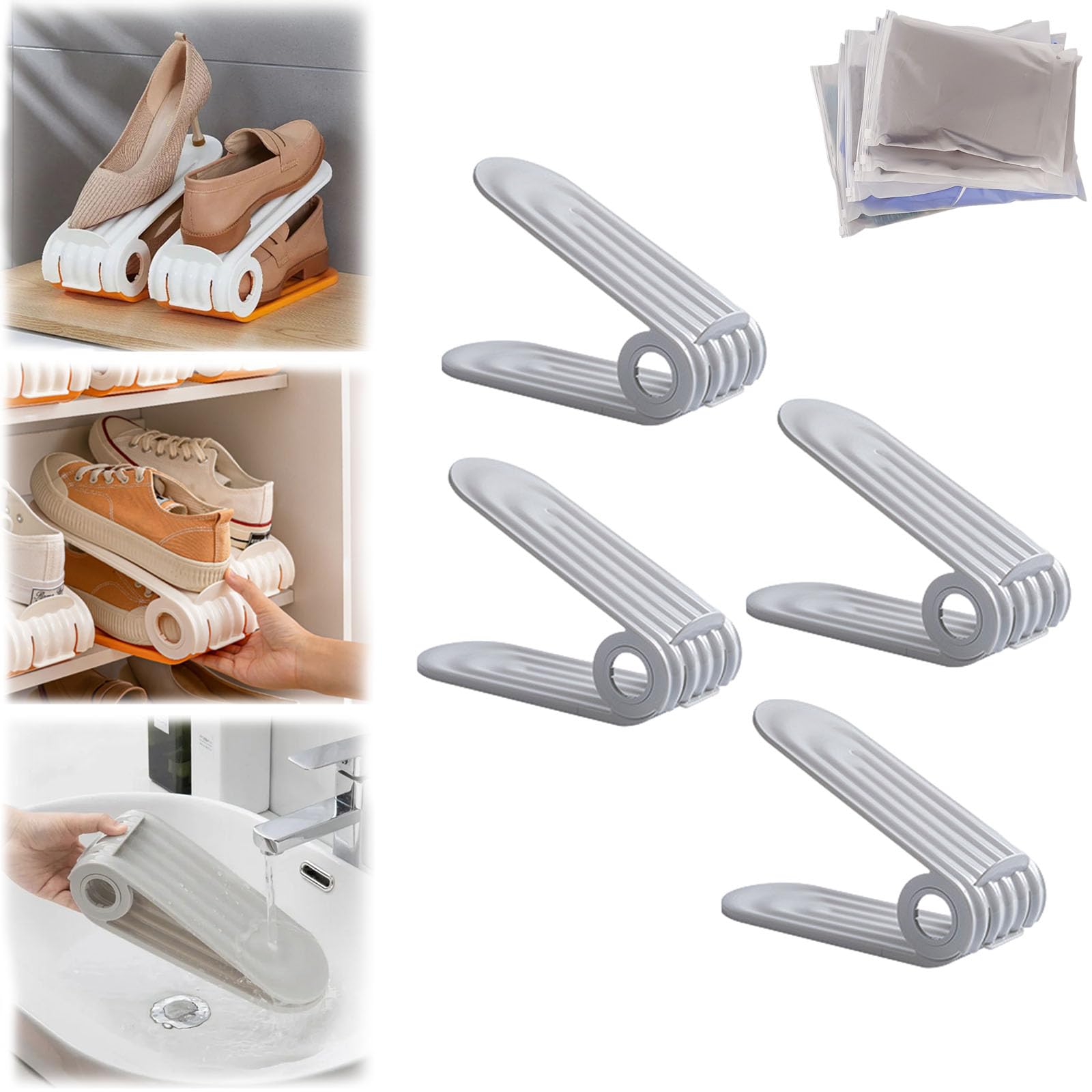 HOPASRISEE Shoes Storage Rack ​Save Space, Double Deck Shoe Rack, Shoes Organizer for Closet, Shoe Slots Organizer Shoe Storage, Shoe Holder (Gray-4PC)