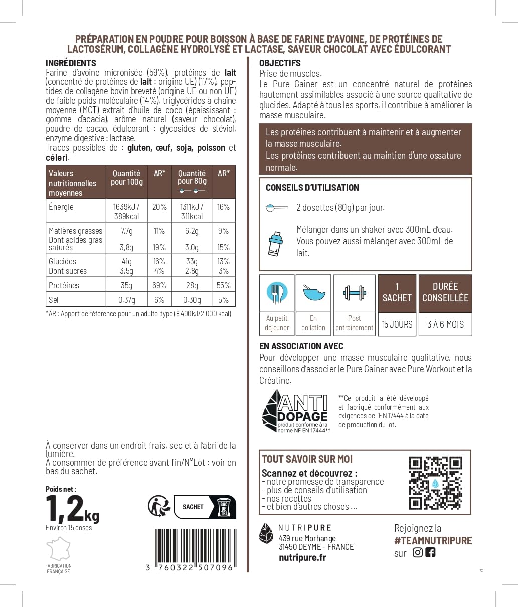 Nutripure - Pure Gainer - Prise de Masse Sèche - Goût Chocolat - 1,2 kg | Développement Musculaire - Whey Native, Collagène & Farine d'Avoine - 28g Protéines, 33g Glucides - 15 Doses - Made in France