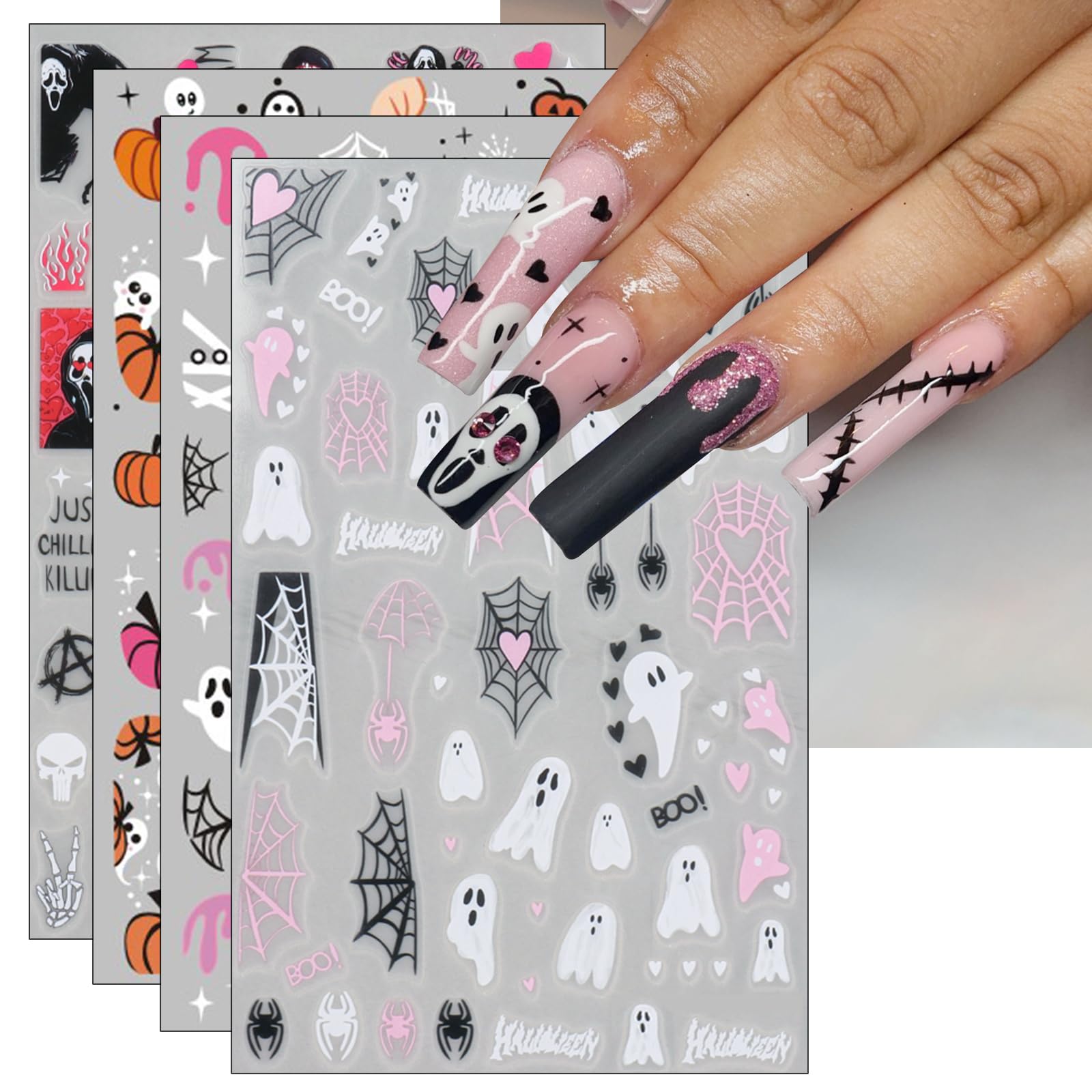 JMEOWIO 9 Sheets Pink Halloween Nail Art Stickers Decals Self-Adhesive Pegatinas Uñas Skull Cute Horror Ghost Moon Spider Web Bat Pumpkin Spook Nail Supplies Nail Art Design Decoration Accessories