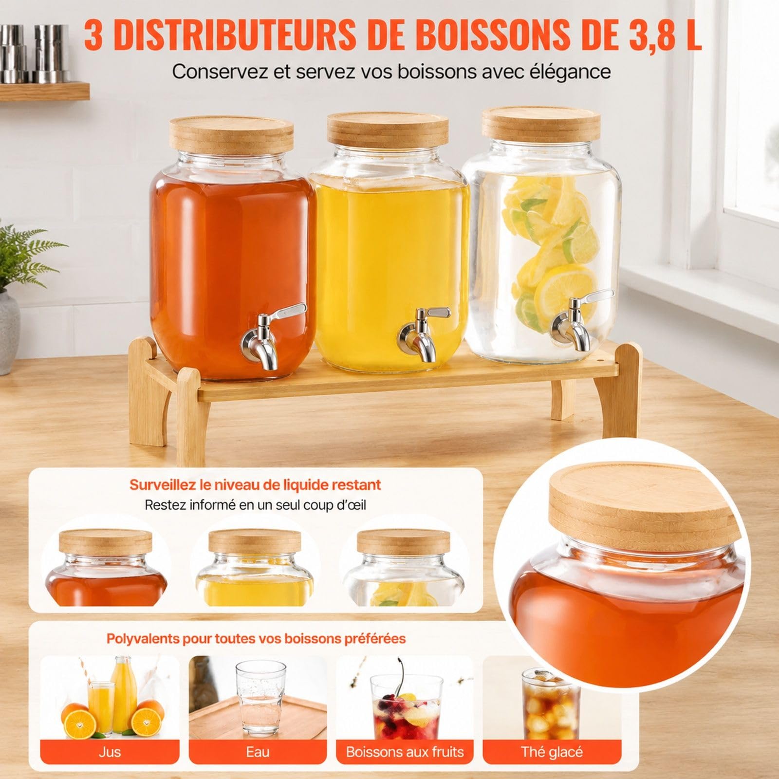 Getränkespender 3er Set aus Glas mit Zapfhähnen und Ständer für Saft Kaffee Partys und Bars