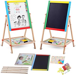 FunkyBuys Wooden Art Easel for Kids, Double Sided Height Adjustable Whiteboard & Blackboard for Kids Easel, Drawing Board Easel for Toddlers with 54pc Magnetic Accessories, Marker, and Sponge (69 CM)