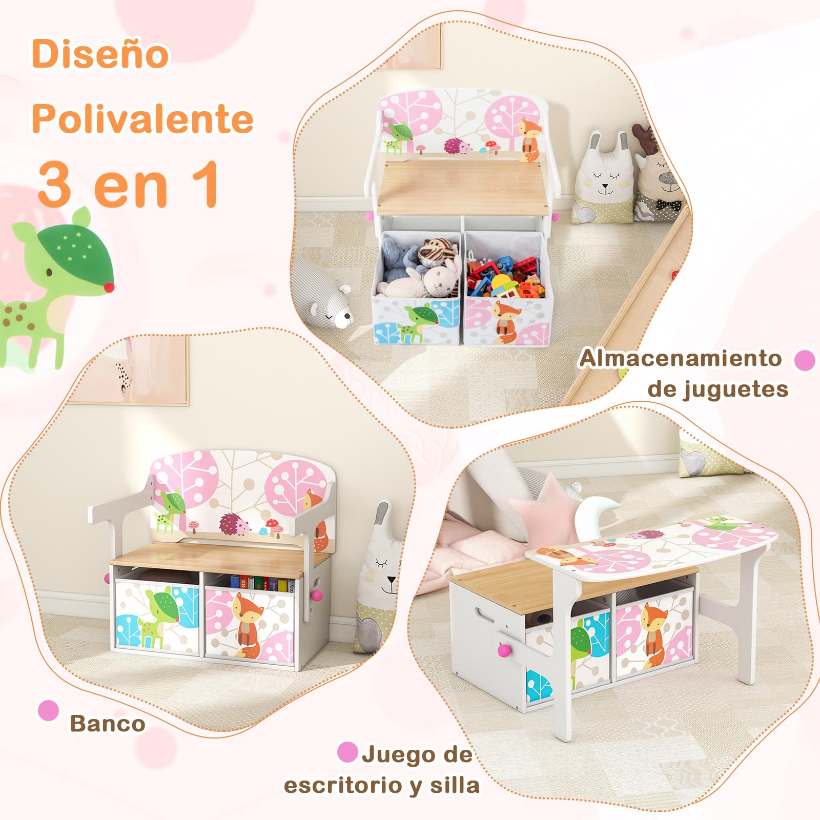 GOPLUS Mesa y Silla Infantil 3 en 1, Banco para Maletero para Juguetes de Madera con Tapa, Respaldo, Caja de Almacenamiento, Mesa de Actividades para Niños de 3 a 7 Años, para Dormitorios Guarderías