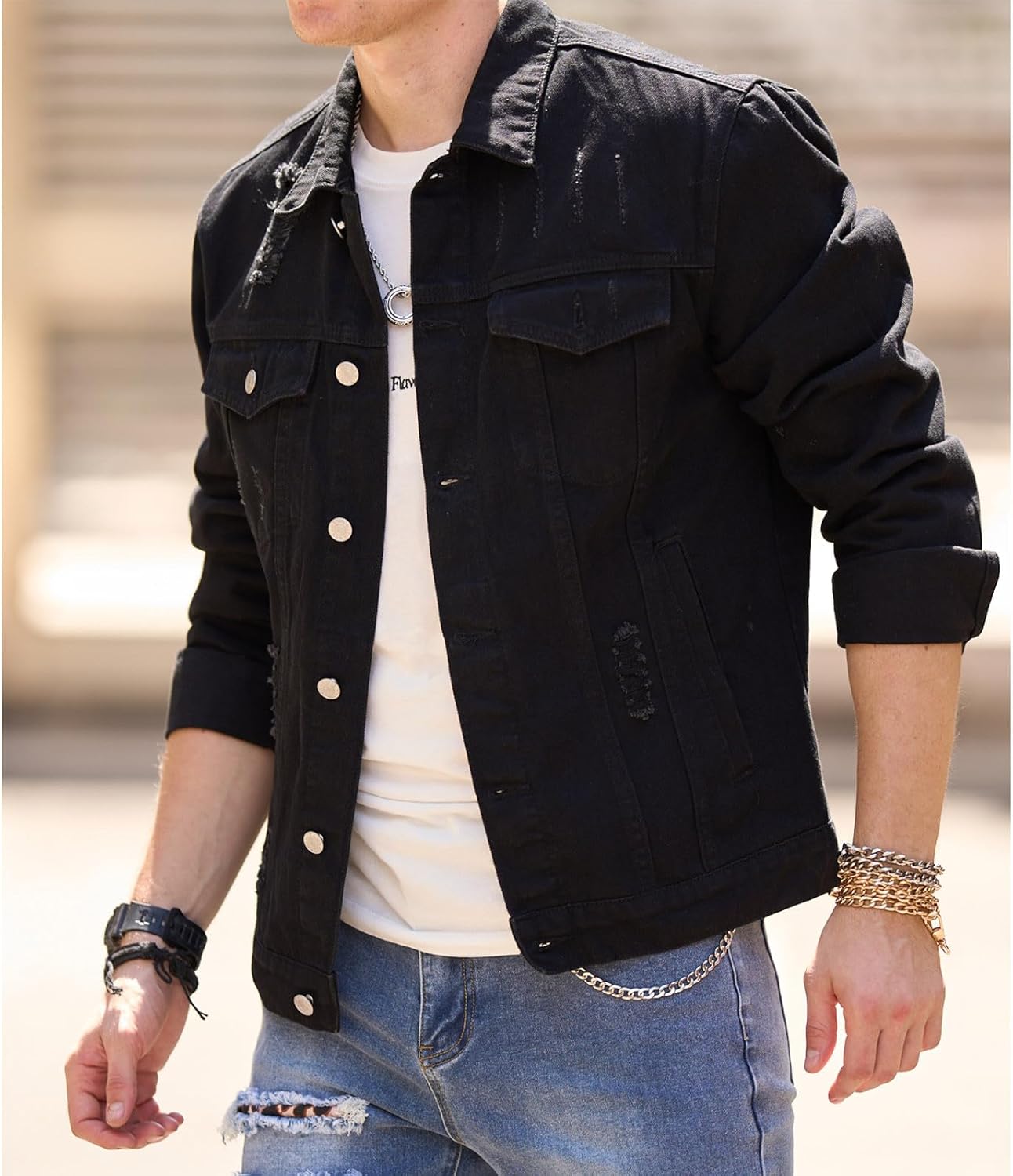 Jean Jacket for Men Button down Distressed Ripped Solid Color Casaul Denim Outerwear Jacket Coat with Multiple Pocket
