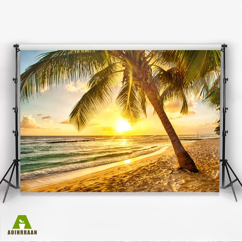 Aoihrraan 3x2m Summer Tropical Beach Backdrop Palm Trees Seaside Sunset Ocean Landscape Photography Background Summer Camp Wedding Video Party Decoration Kids Adults Portrait Photo Studio Props - Image 3
