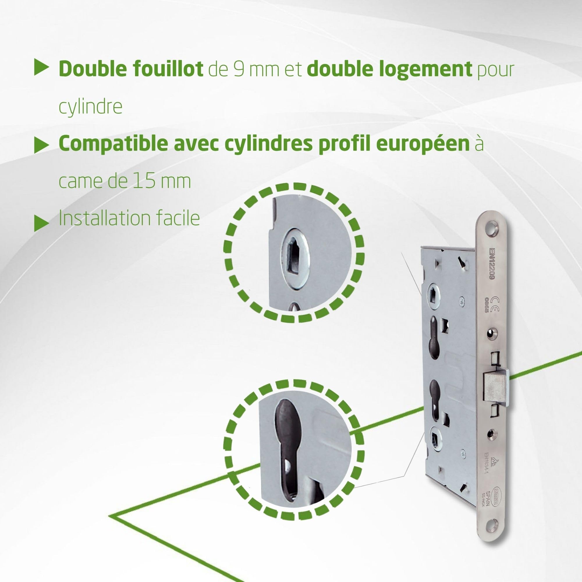 Amig – Serrure homologuée pour portes coupe‑feu Mod. 6572 – 65 x 72 mm – Double fouillot et logement pour cylindre – Acier inoxydable mat – Certifiée et sans fonction anti‑panique