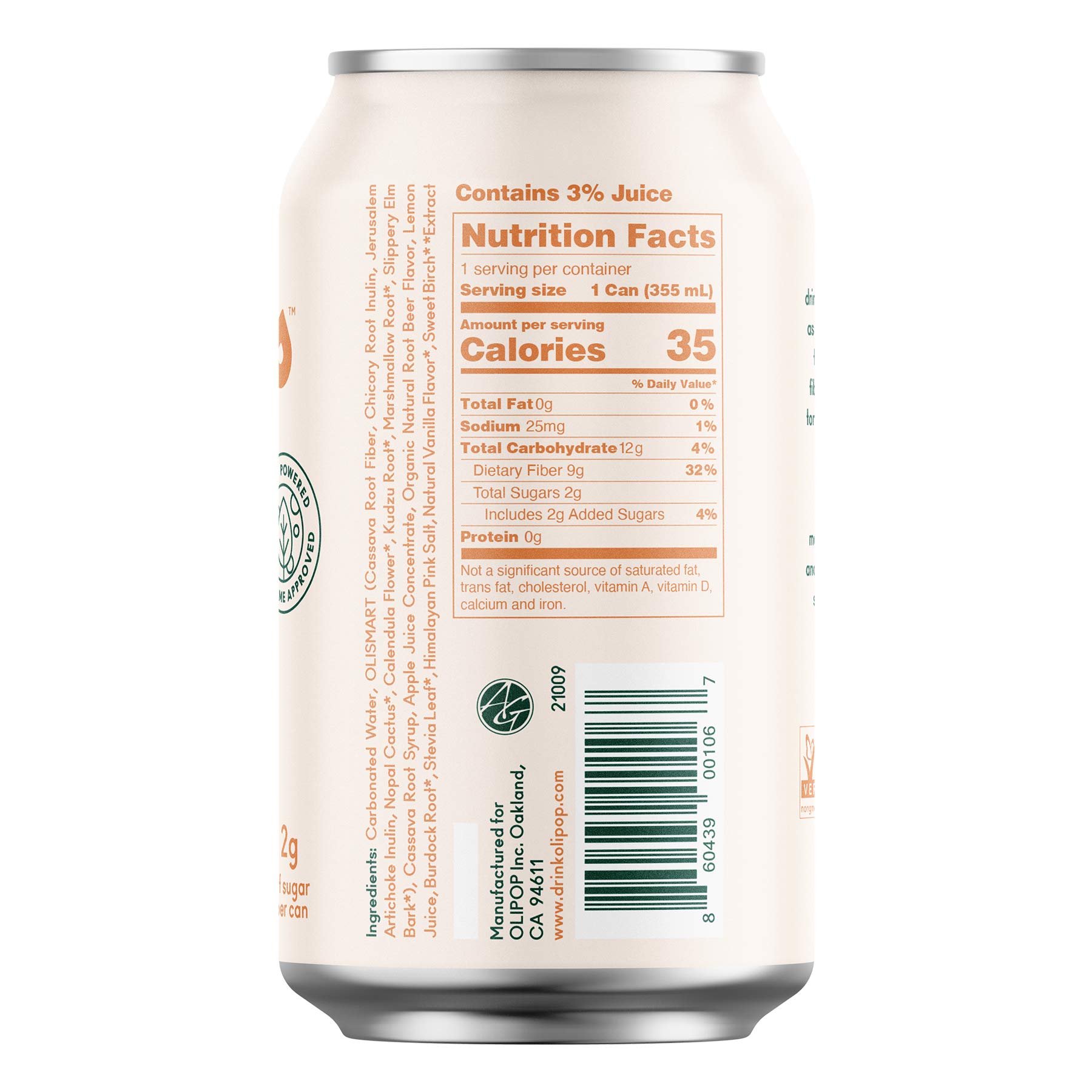 OLIPOP Classic Root Beer Sparkling Tonic, Healthy Soda, Prebiotic