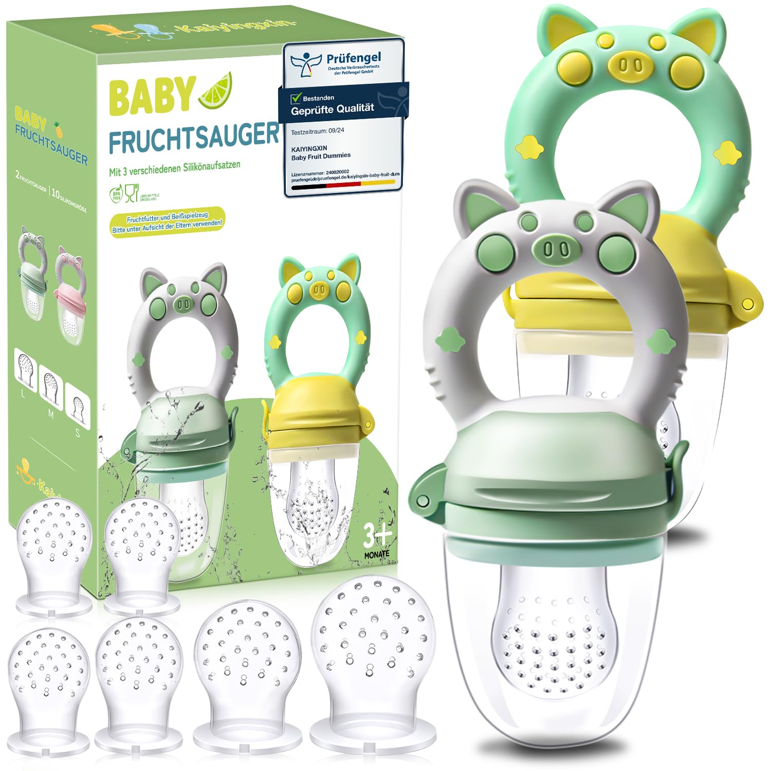 Fruchtsauger Baby, 2 Stück Obstschnuller für Babys ab 3 Monate, 2022 Upgrade Version, Schnuller Zum Befüllen, Breisauger, Obst Schnuller Baby, BPA frei, 8 Silikon Sauger in 3 Größen