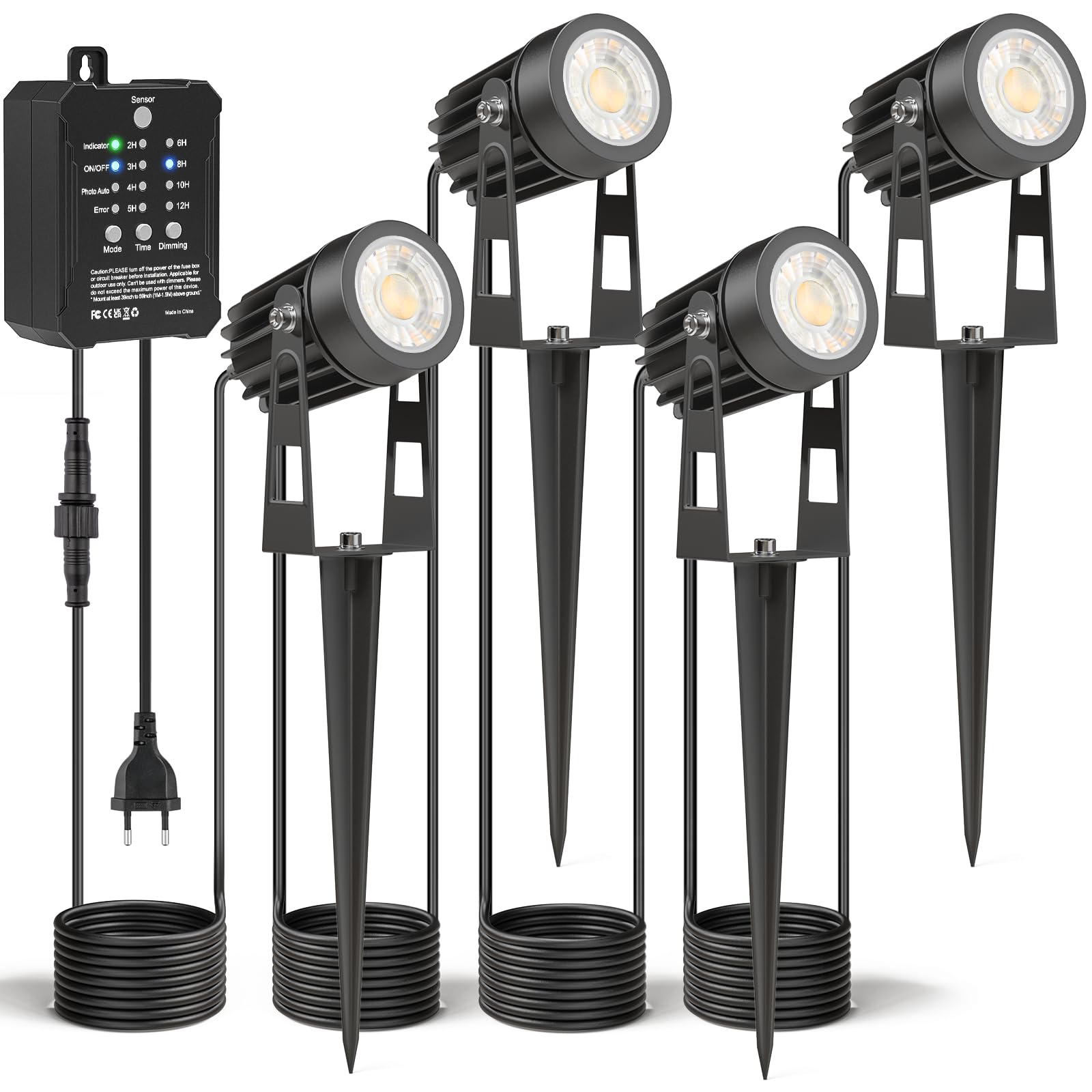 HIBOITEC Dimmbar Gartenbeleuchtung mit Transformator, 11,4M Fotosensor Gartenstrahler Led Außen Wasserdicht, 4000K Gartenbeleuchtung mit Strom, Timer Gartenlampen für Haus Hof(4 Stück, Weißes Licht)