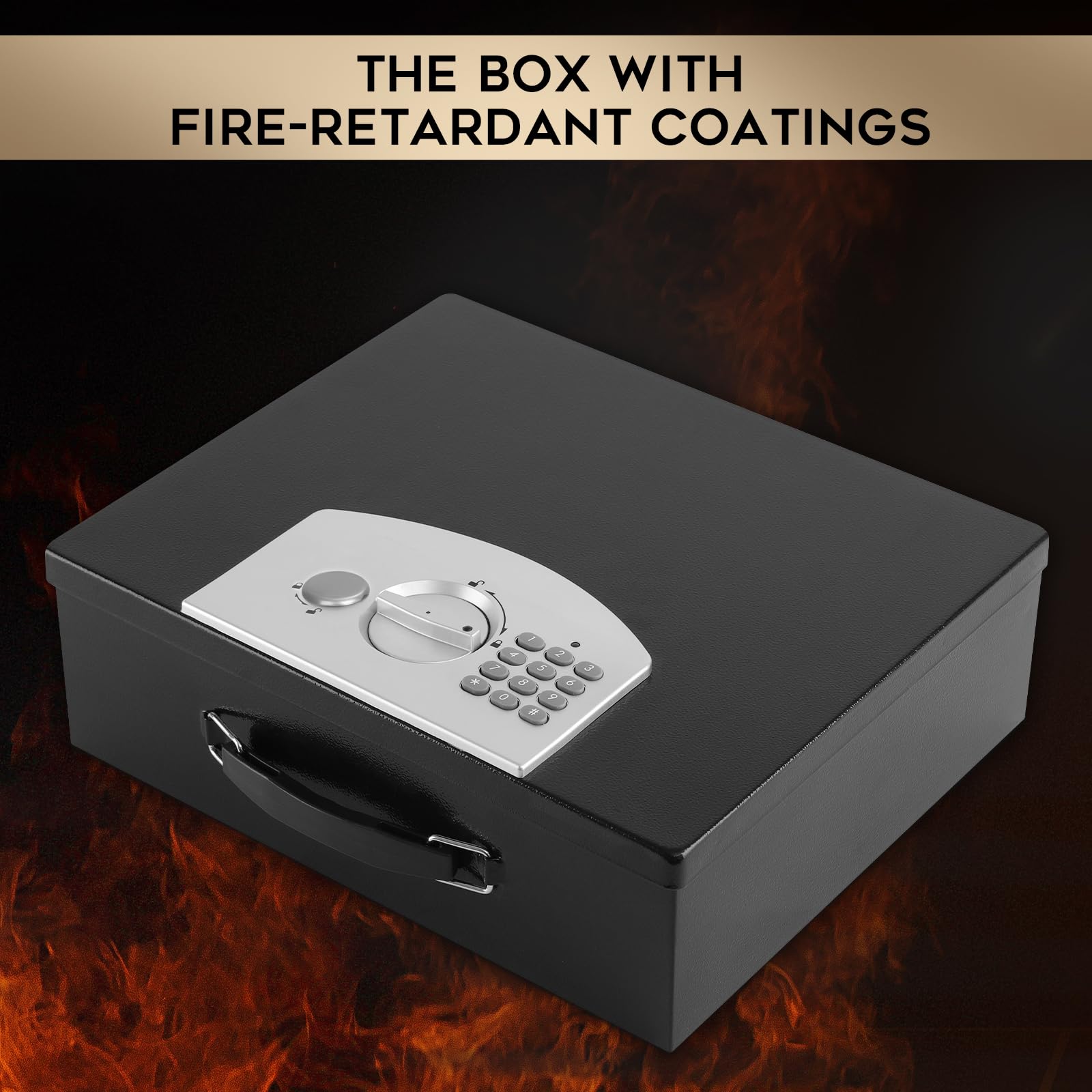 Dalmbox Caja fuerte de metal portátil con cerradura de código digital, almacenamiento resistente al fuego para documentos, caja de seguridad ignífuga, coche, hogar, oficina y exterior, caja negra