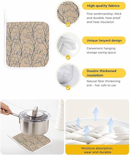 Miniatura 2 de 2 Packs Blossom Bird Pot Holders Sets for Kitchen,Oven Pan Plate Bowl Pads Heat Proof Mat with Hanging Loop,Terry Cloth Potholders Soft Grip for