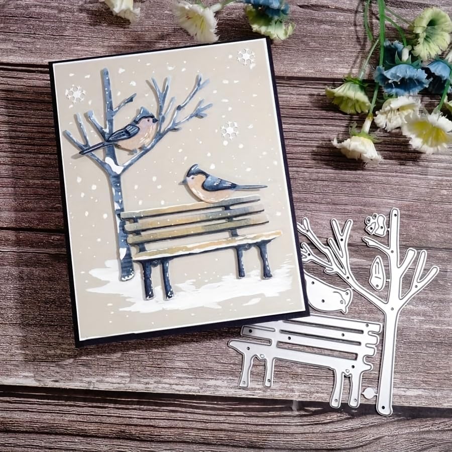 Bird Tree Die Cuts for Card Making, Park Chair Metal Cutting Dies, Metal Die Cutting Mold, Scrapbooking Dies, DIY Etched Embossing Stencil for Crafts