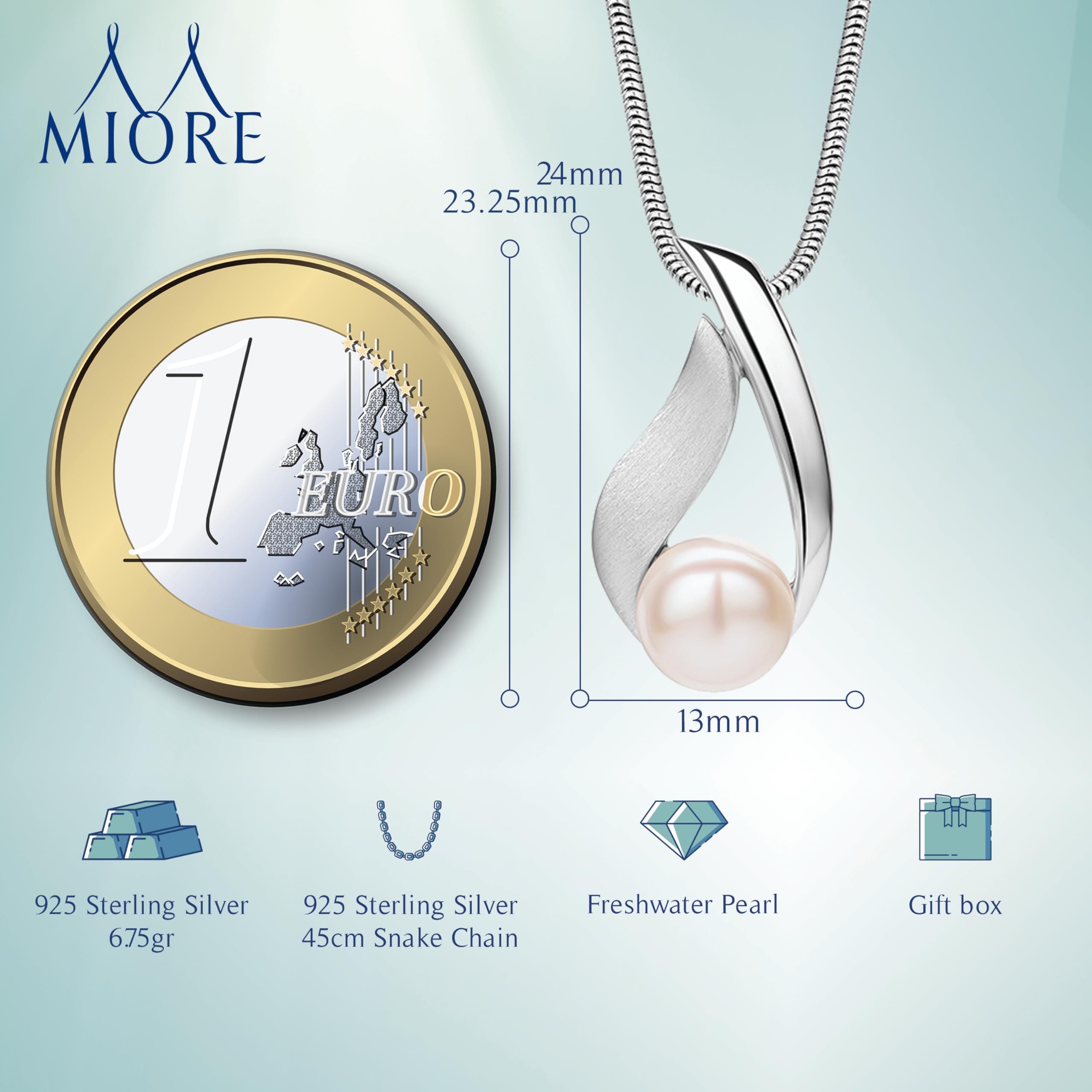 Miore Schmuck Damen, 925 Silber/Silber 18K Vergoldet, Perlenkette Damen, Silberkette mit Perlen Anhänger, Schlangenkette Silber 925 mit Weiße Süßwasserperle, Perlenschmuck in hochwertiger Schmuckbox