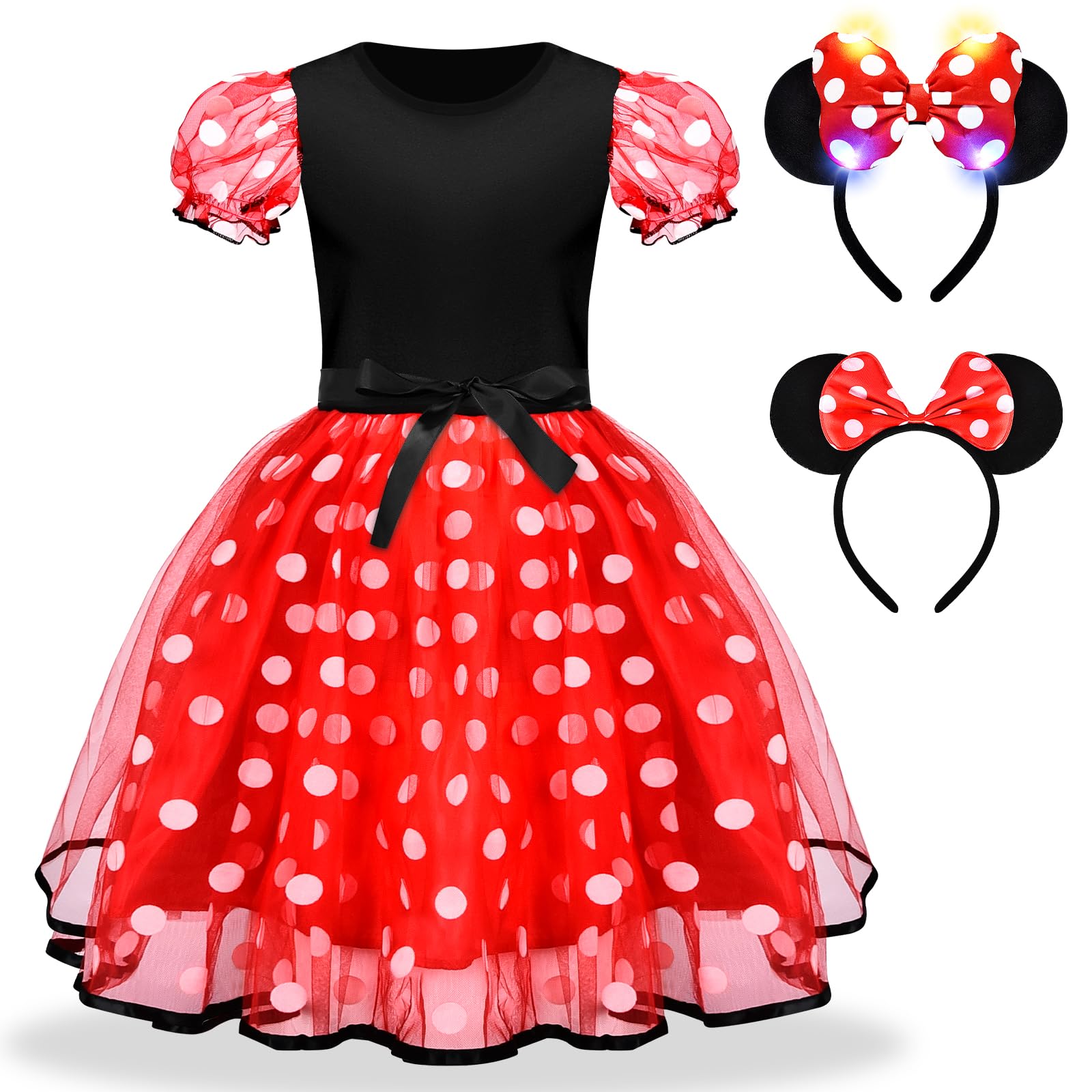 Herenear Disfraz Minnie Mouse para Niña Bebe, Disfraz de Mini Mouse con LED Diadema Minnie Mouse, Niños Bebé Vestido de Lunares para 1-9 Años, Cosplay Fiesta de Cumpleaños Princesa Vestidos