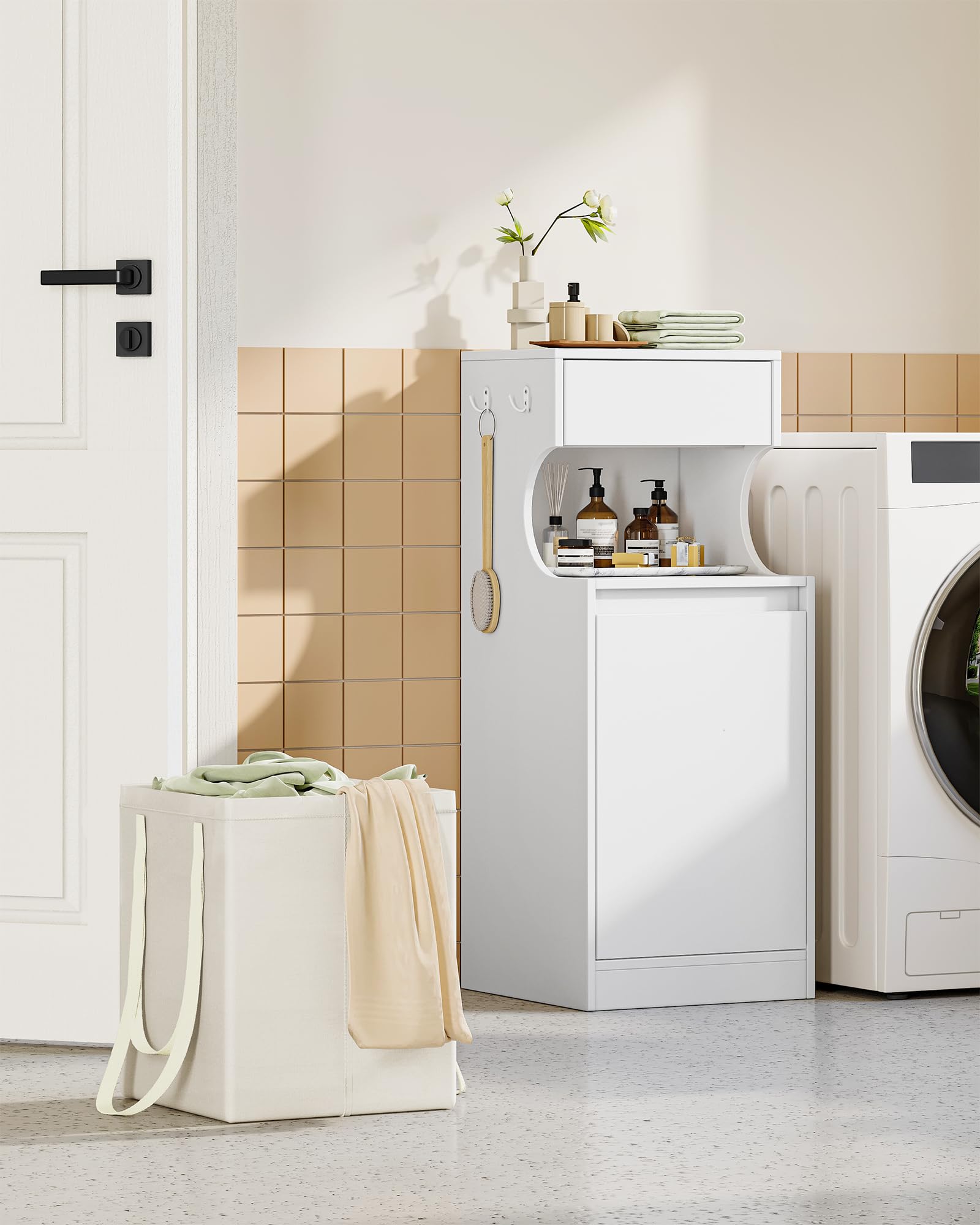 Hzuaneri Mobile Bagno, Mobiletto Bagno Salvaspazio, Con cesto portabiancheria pieghevole, per Bagnos, Soggiorno, lavanderia, 40 x 40 x 100 cm, Bianco BC42003X