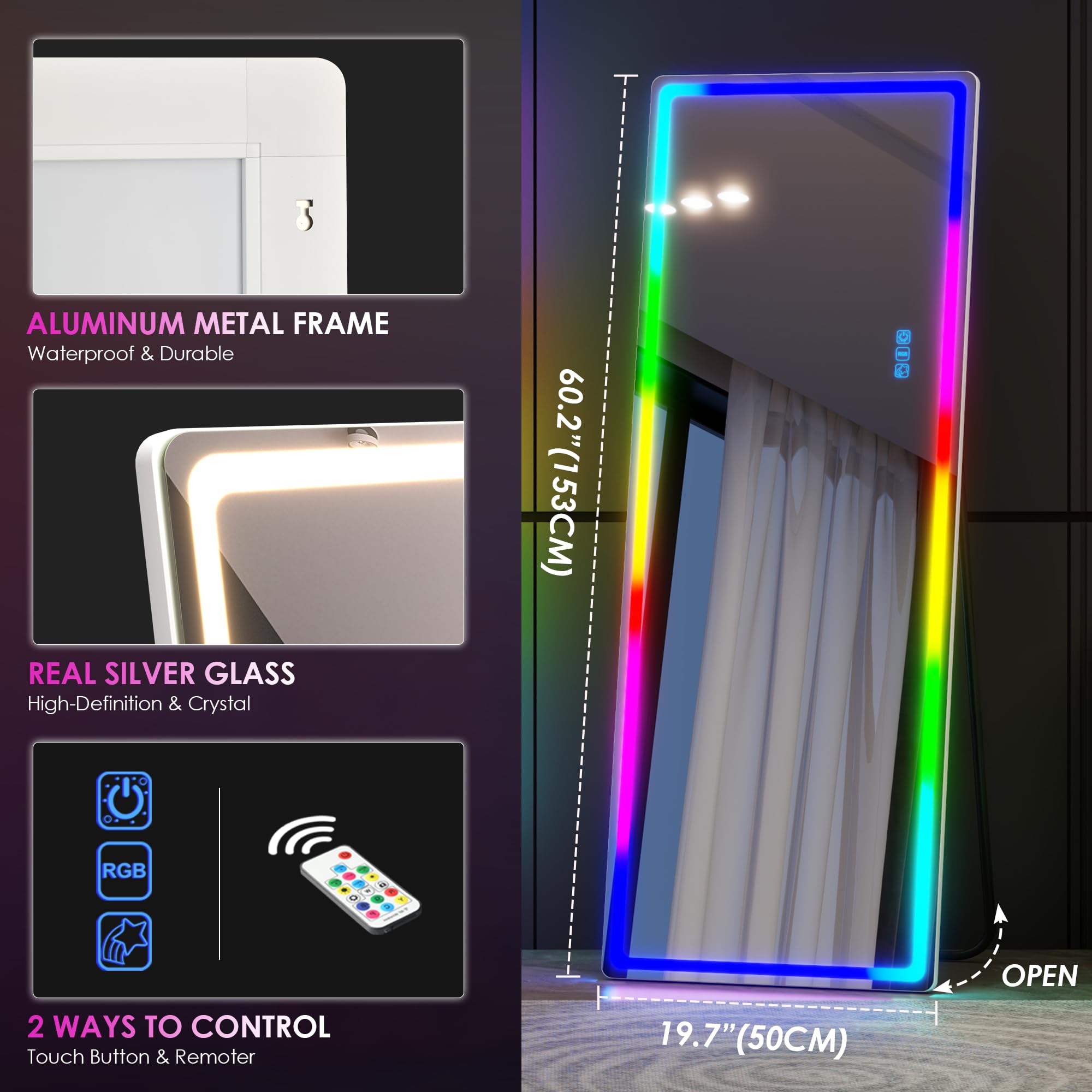 LVSOMT RGB Ganzkörperspiegel mit Beleuchtung, 153x50cm Standspiegel Ganzkörperspiegel Ohne Rahmen, LED Wandspiegel Groß für Schlafzimmer Wohnzimmer, 7 Dynamische Modi und 7 Farben Licht, Weiß