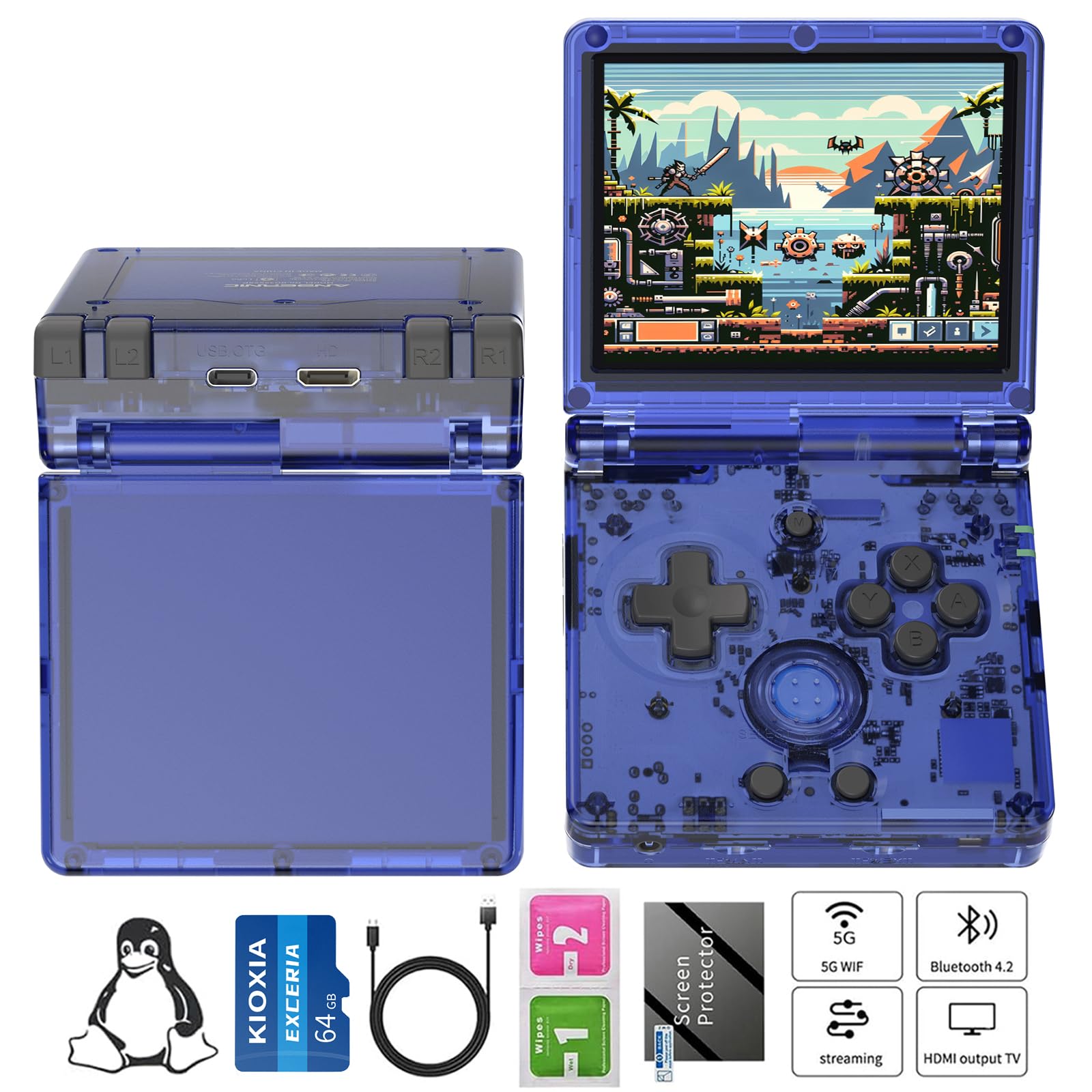 RG35XXSP flip Handheld Game Console RG35XXSP Clamshell Retro Game Console with 64G TF Card Upgrade 64-bit System Portable Gaming Console 3300mAh Battery Supports 5G WiFi Bluetooth HD,TV Output Blue