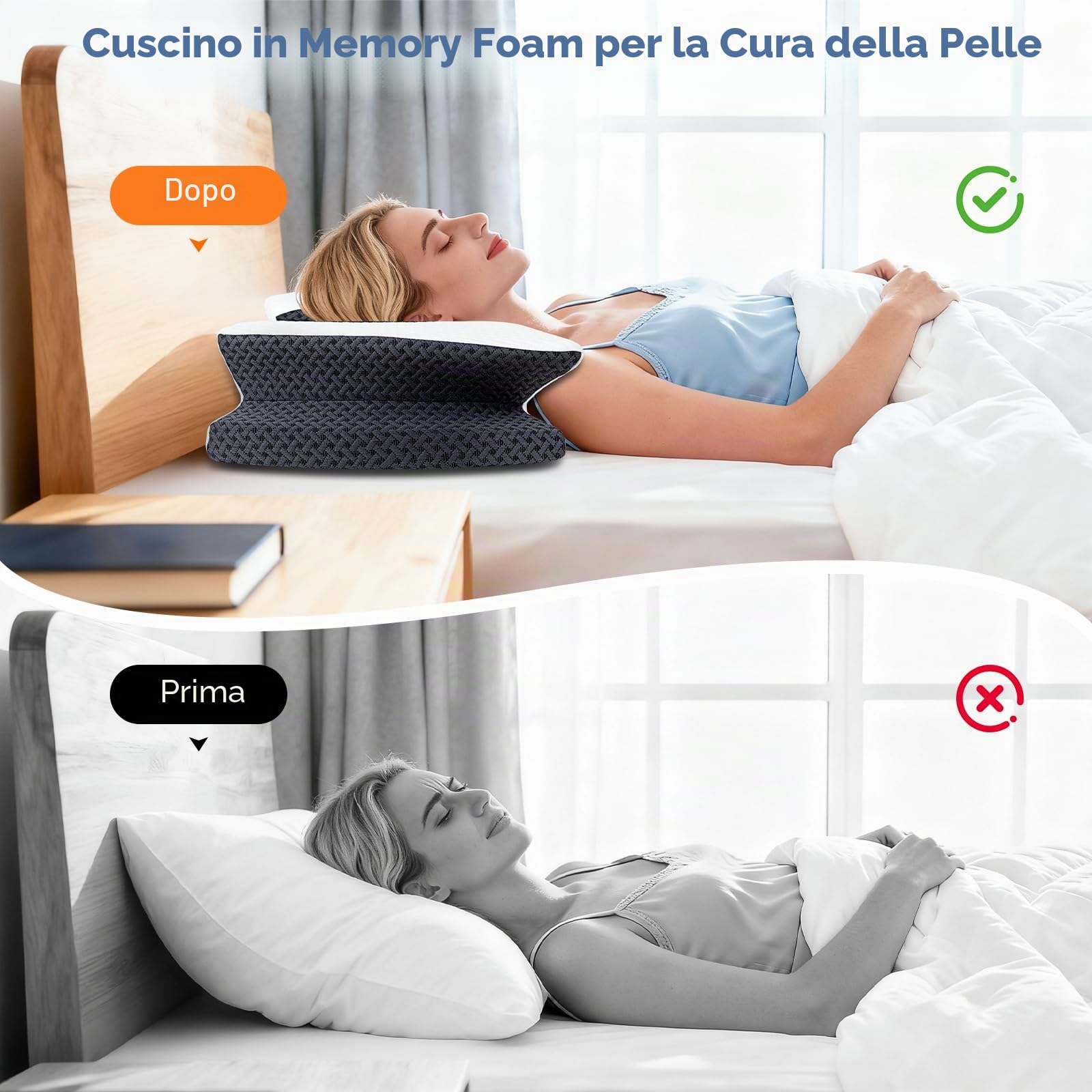 SAHEYER Cuscino Cervicale Ergonomico per il Collo, Cuscino in memory foam, Cuscino Ortopedico per chi dorme di lato, sulla schiena e sulla pancia, Grigio, 60x39x11/9cm