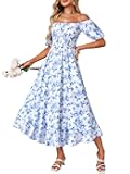 Women's Floral Off Shoulder Puff Sleeve A Line Ruched Ruffle Layered Boho Long Dress