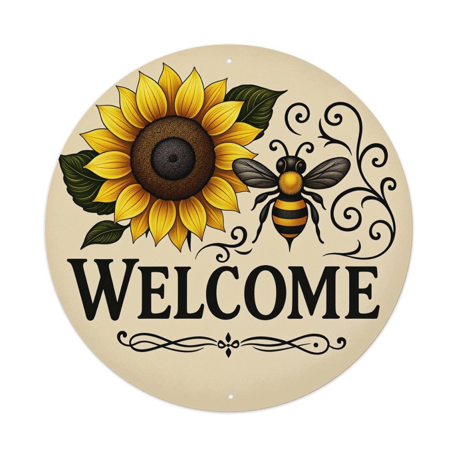 Sunflower Bee Welcome Pattern Art Vintage Round Tin Sign Retro Metal Wall Decor Metal Poster, Home Bar Garage Cafe Wall Art Decoration 8x8Inches