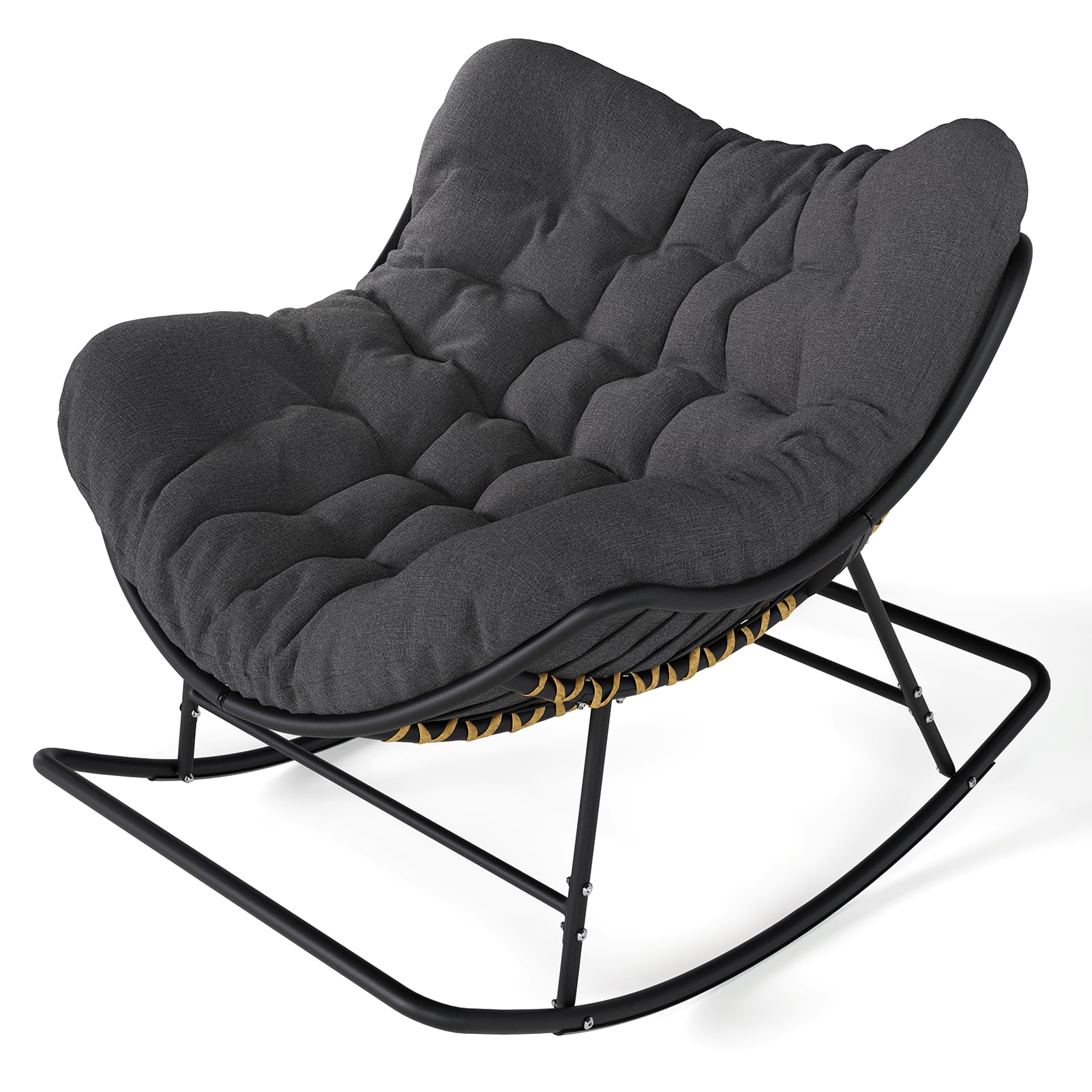 SWITTE Papasan Rocking Chair Outdoor, Indoor Oversized Egg Lounge Chair with Thick Cushion, Wicker Recliner Supports 450 lbs, Comfy Rocker for Patio,