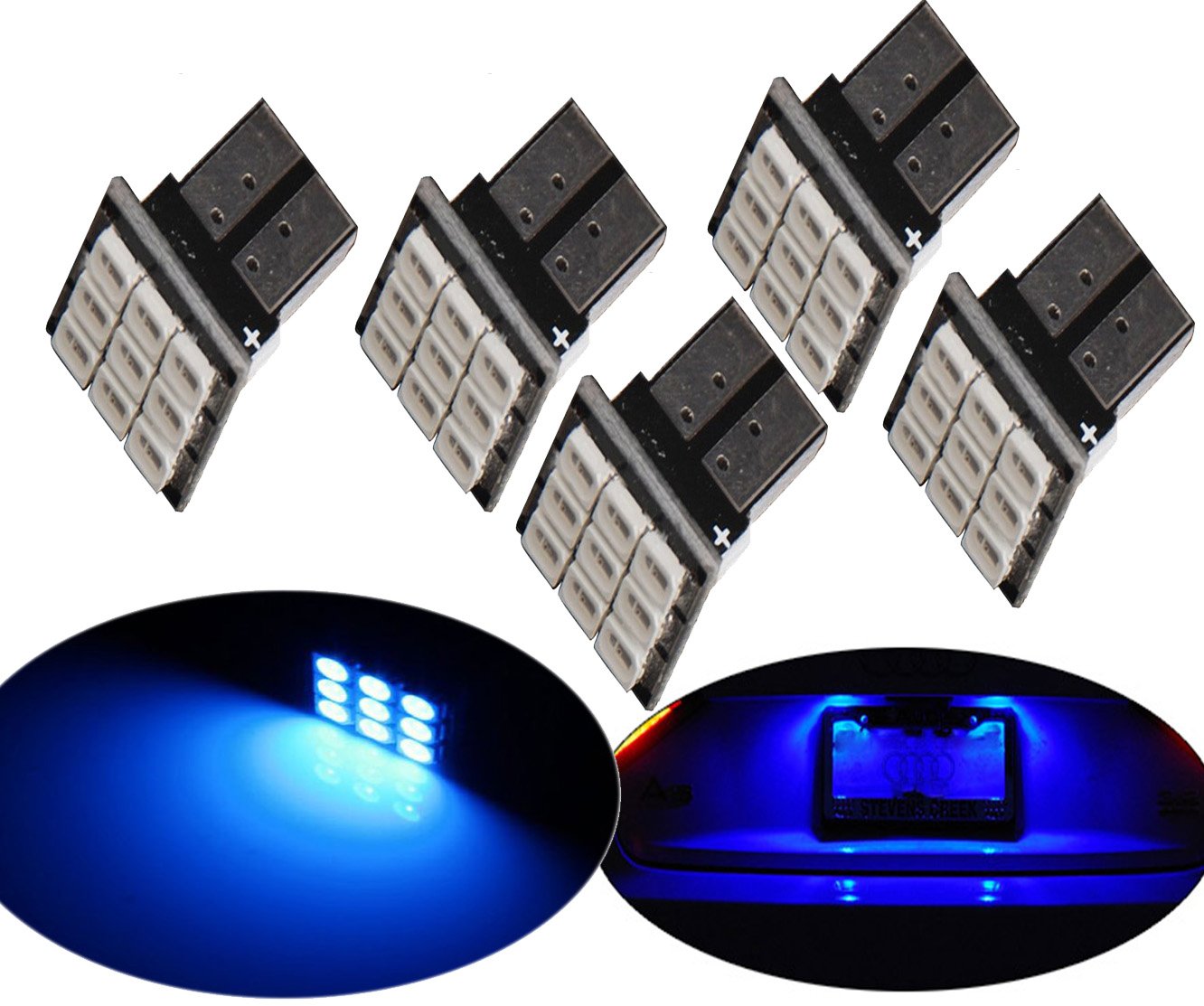 Modit T10 Board 9-SMD LED Wedge Bulbs W5W 194 168 2825, Replacement For Signal Lights, Trunk Lights, Dashboard Lights, Parking Lights, Blue (5 Pieces)