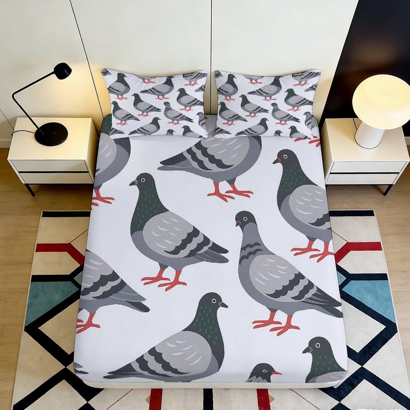 3D Printed Pigeon Illustration Fitted Sheet Microfiber Soft Breathable Urban Bird Mattress Cover Bedroom Decor 90x200x25cm