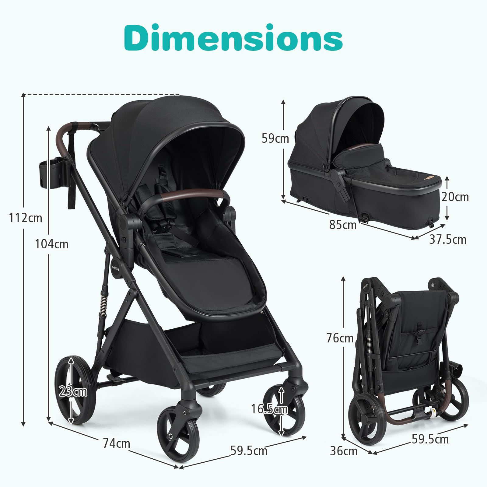 COSTWAY 3 in 1 Baby Stroller, Foldable Travel System Pram with Reversible Seat, Adjustable Canopy & Backrest, Mesh Net, Storage Basket, Lightweight Infant Newborn Pushchair for 0-36 Months (Black) — view 6