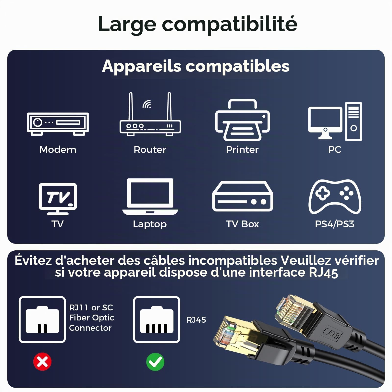 Câble Ethernet Cat 8 50m Haute Vitesse 40 Gbit/s, 2000 MHz, 26 AWG, Cable RJ45 Plaqué Or, Pour Routeur/PC/Jeux/Modem, Plus Rapide que Cat7/Cat6/Cat5
