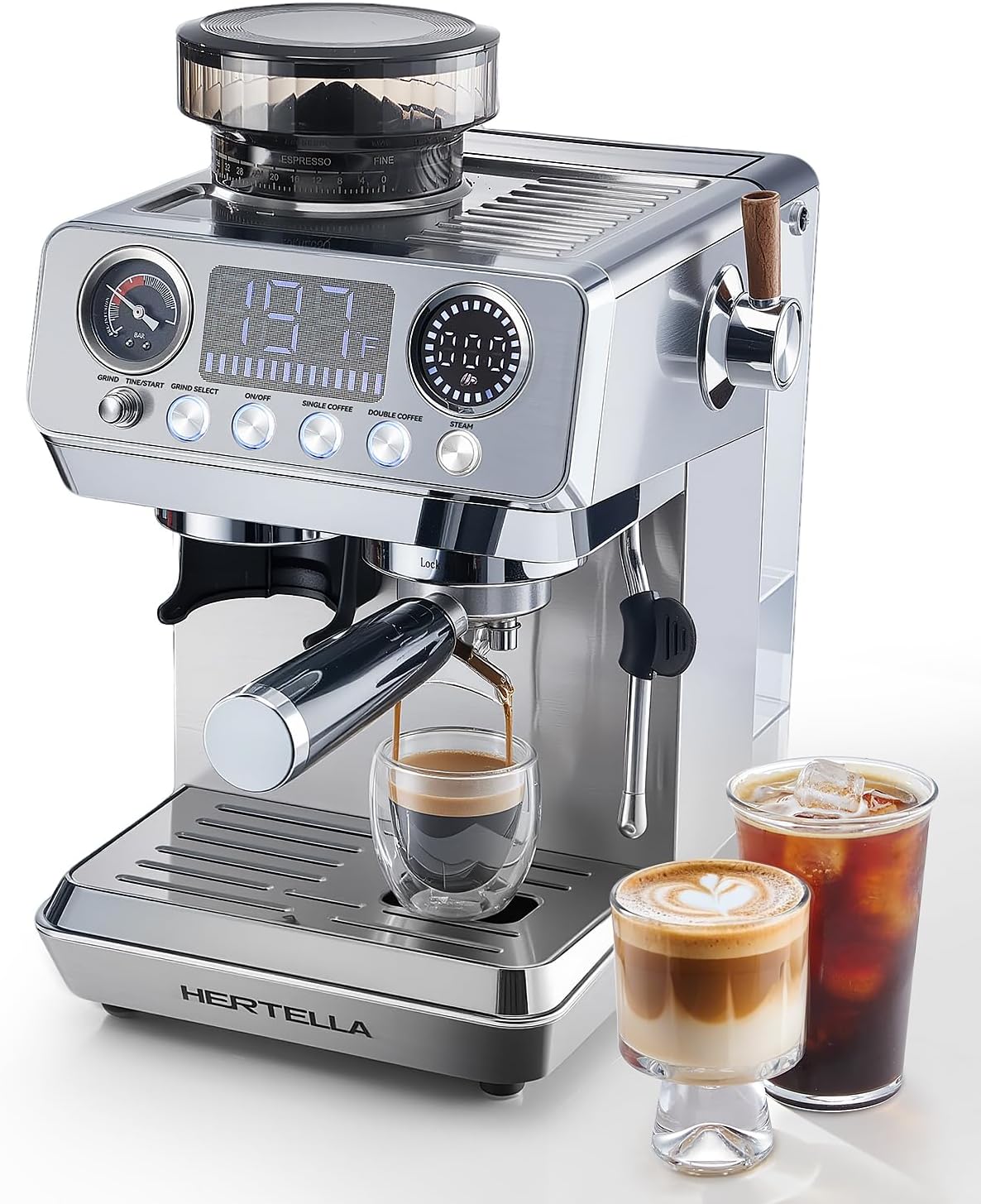 HERTELLA Espresso Machines with Burr Grinder, 20 Bar Visual Pressure Gauge, Milk Frother Steam Wand, Stainless Steel, 4 Temperature Modes (Hot and Cold Brew)，Automatic Pressure Release Function
