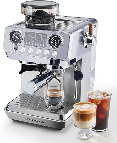 HERTELLA Espresso Machines with Burr Grinder, 20 Bar Visual Pressure Gauge, Milk Frother Steam Wand, Stainless Steel, 4 Temperature Modes (Hot and Cold Brew)，Automatic Pressure Release Function