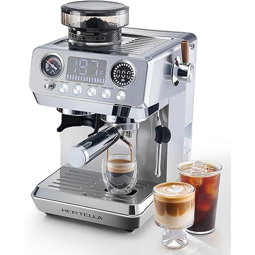 HERTELLA Espresso Machines with Burr Grinder, 20 Bar Visual Pressure Gauge, Milk Frother Steam Wand, Stainless Steel, 4 Temperature Modes (Hot and Cold Brew)，Automatic Pressure Release Function