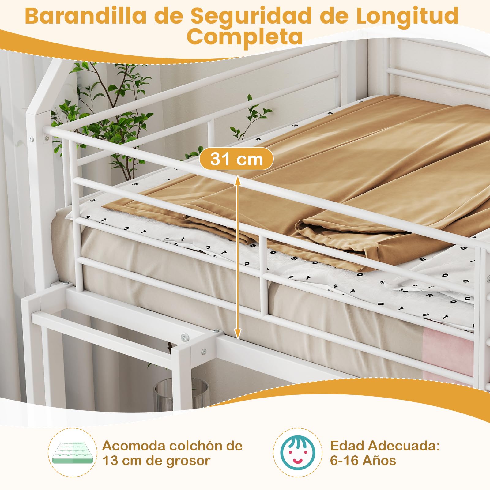 COSTWAY Cama Litera en Forma de Casa con Tobogán, Cama Doble Infantil con Barandilla de Seguridad y Escalera, Cama Alta Robusta con Soporte de Lamas Metálicas, No Requiere Somier, 200 x 90 cm (Blanco)