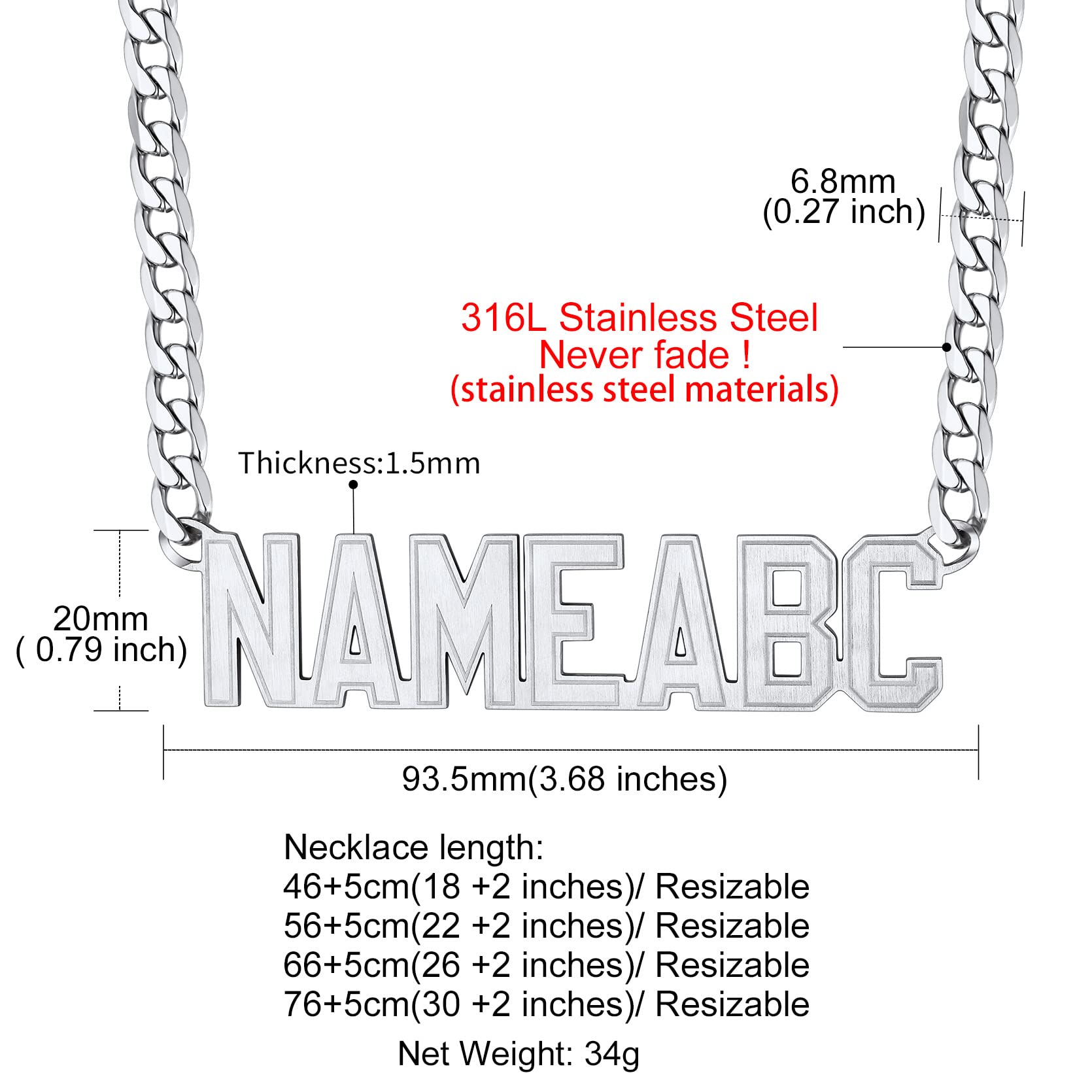 GoldChic Damen Herren Namenskette Edelstahl/18K Vergoldet Personalisierte Halskette mit Namen Allgemeine Name Anhänger Halskette mit 40cm/46cm/55cm/66cm/76cm Kette Modeschmuck Geschenk