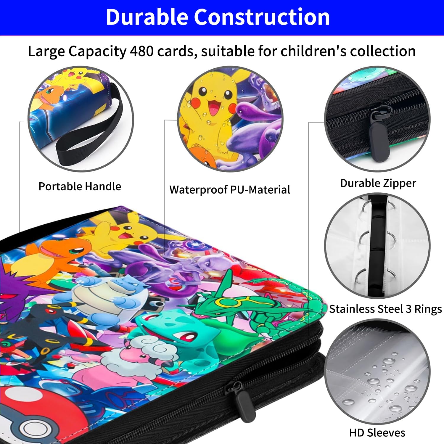 4 Pocket Card Binder Holds 480 Cards, Trading Card Binder Folder with 60 Double-Sided Removable Sleeves - Image 3