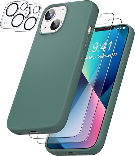 YATWIN Funda de silicona líquida para iPhone 13 con 2 protectores de pantalla + 2 protectores de lente de cámara, delgada y suave protección contra