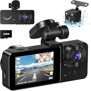 TESSGO 3 Channel Dash Cam, Dash Camera for Cars, Front 1080P Full HD, Inside 720P and Rear 720P, Include 32GB SD Card, 170° Wide Angle, WDR, 2.0 inch IPS Screen, G-Sensor, IR Night Vision