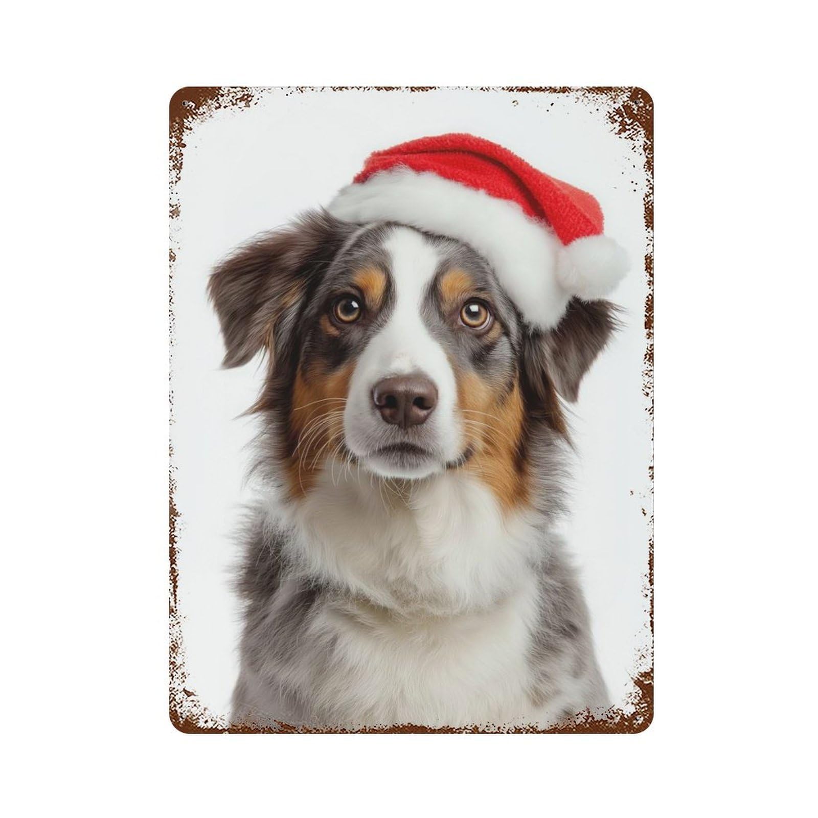 Weathered Tin Sign with Australian Shepherd Dog with Santa Hat Portrait Design 15.7"x11.8", for Basement, Hobby Room And Garage Decor, Industrial Home Decor
