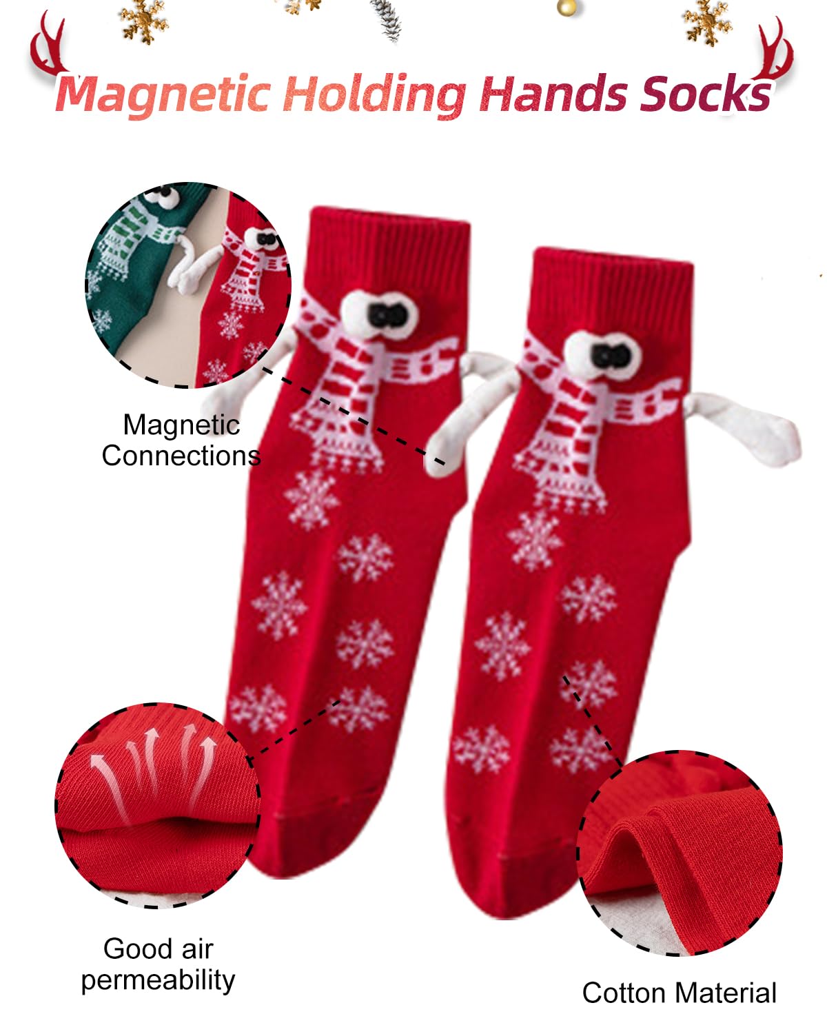 Yawlsow Lot de 4 paires de chaussettes de Noël amusantes avec ventouses magnétiques 3D pour couple, famille, amis, Rouge + vert + noir + blanc, taille unique
