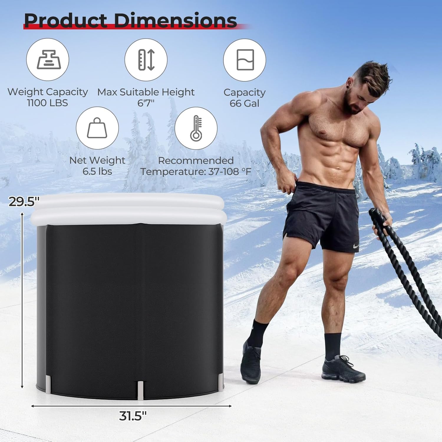 Goplus Inflatable Ice Bath Tub, Portable Cold Water Therapy Tub w/Cover, 6 Sturdy Support Rods, Inflator, Outdoor Freestanding Soaking Tub Ice Plunge Pool for Adults Athletes Muscle Recovery