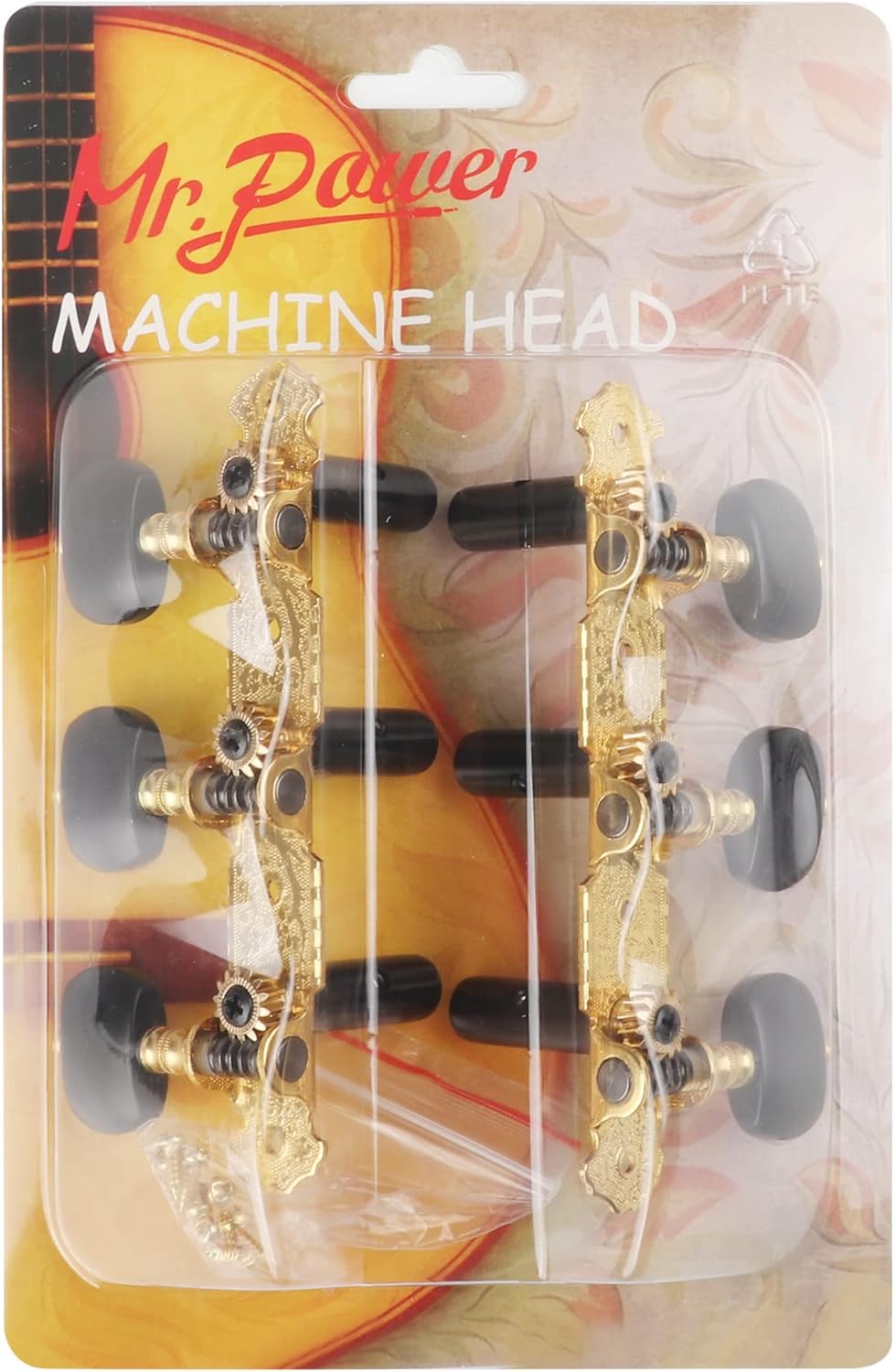 Mr.Power Guitar Tuners Machine Heads 3+3 Set Tuning Keys String Pegs for Classical Guitar (Short Gold, Black Button)