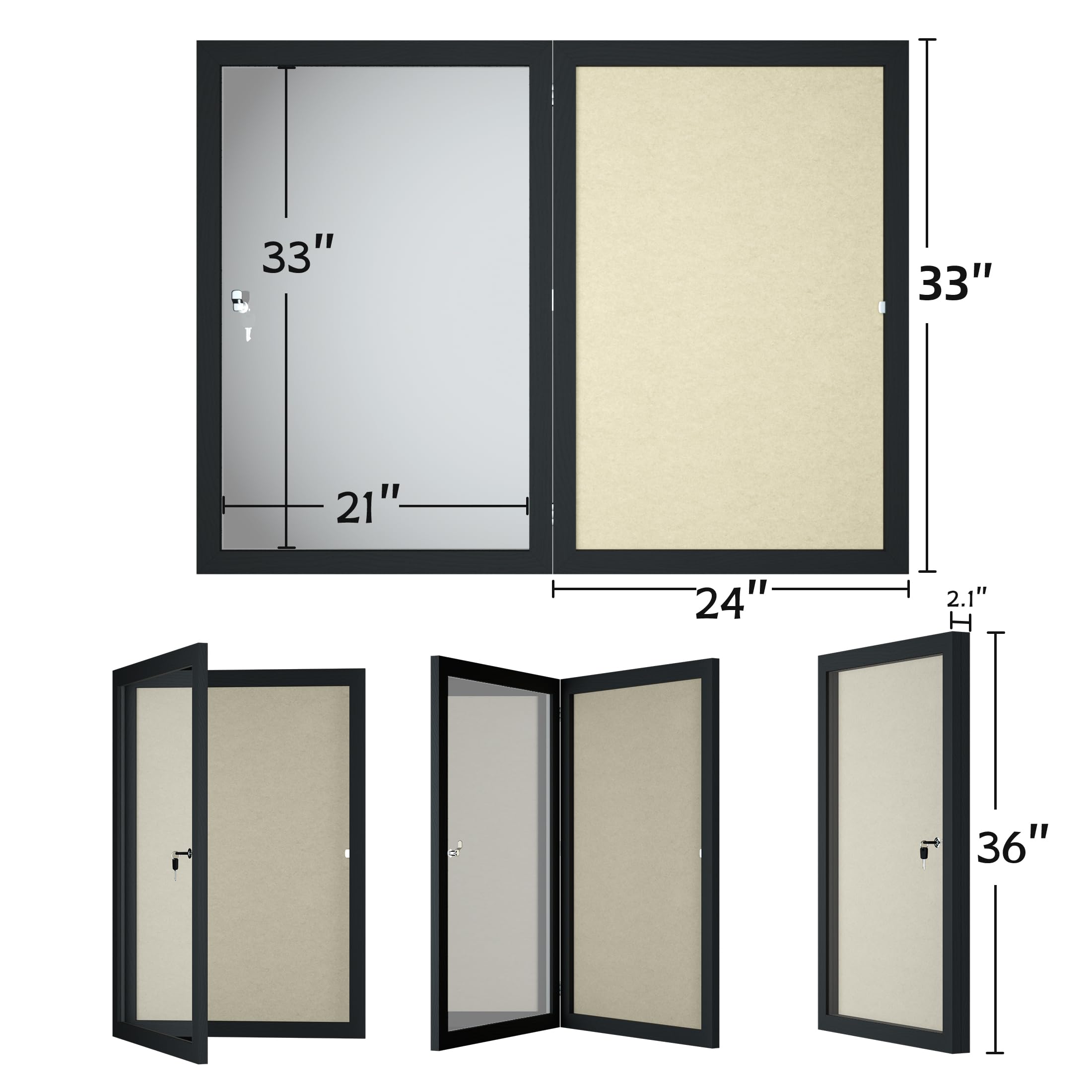 INNOVART Geschlossene Pinnwand, 91,4 x 61 cm, abschließbare Kork-Pinnwand mit Naturholzrahmen, geschlossene Pinnwand, Wandvitrine mit aufklappbarer Tür, Informationsschrank