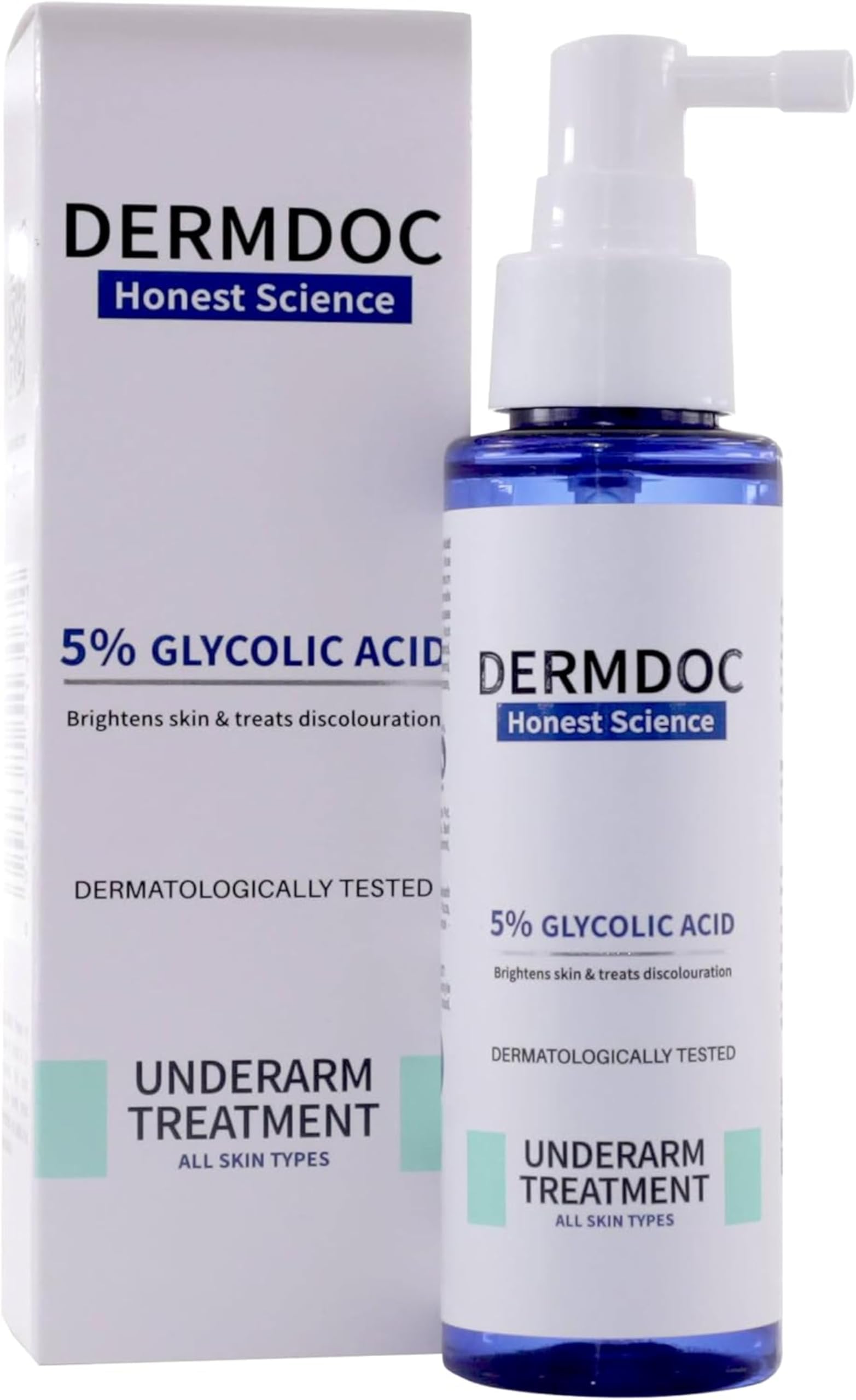 DERMDOC by Purplle 5% Glycolic Acid Underarm Brightening Spray Treatment (100 ml) | Exfoliating & Brightening | Multi-Purpose Spray for Hyperpigmentation, Dark Spots, Dark Neck, Dark Underarms & Strawberry Legs