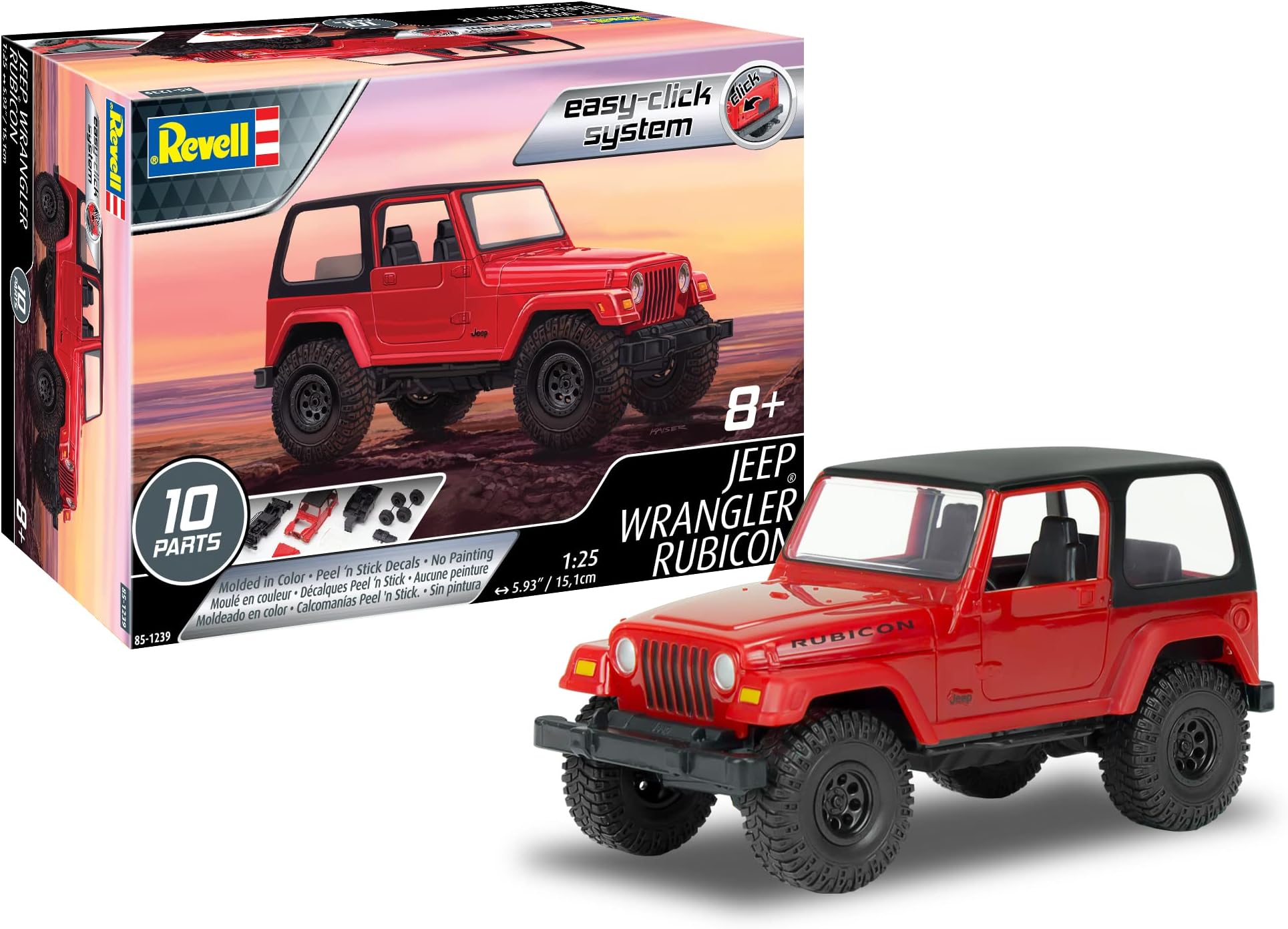 85-1239 Jeep Wrangler Rubicon Model Truck Kit 1:25 Scale 10-Piece Skill Level 2 Plastic Easy-Click Model Building Kit