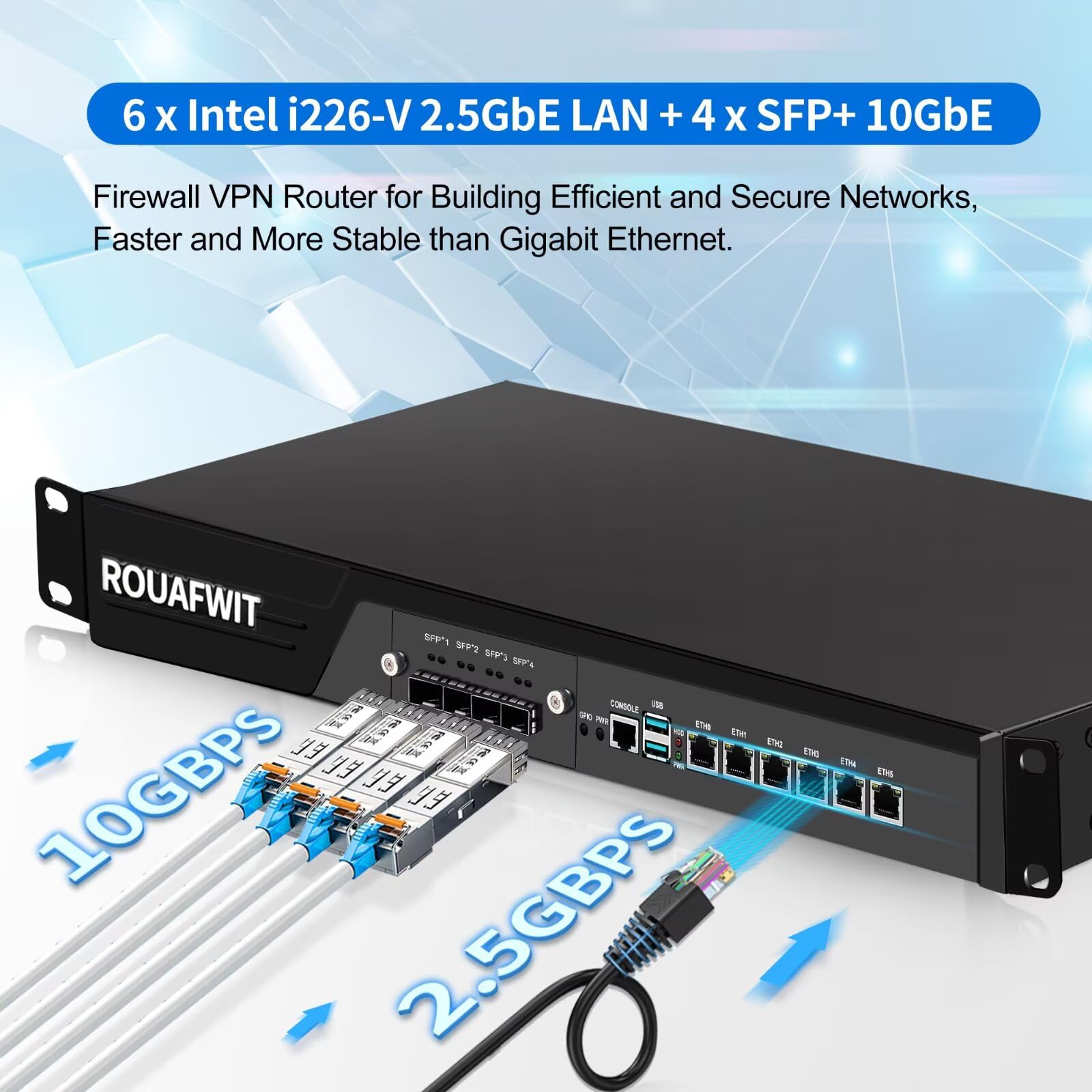 1U Firewall Appliance 10GBe, Core i3-12100, 4 x SFP+ X710 10Gbe, 6 x i226V 2.5GbE LAN, OPNsense, Network Rackmount 19 inch, DDR4 16G RAM 512G SSD
