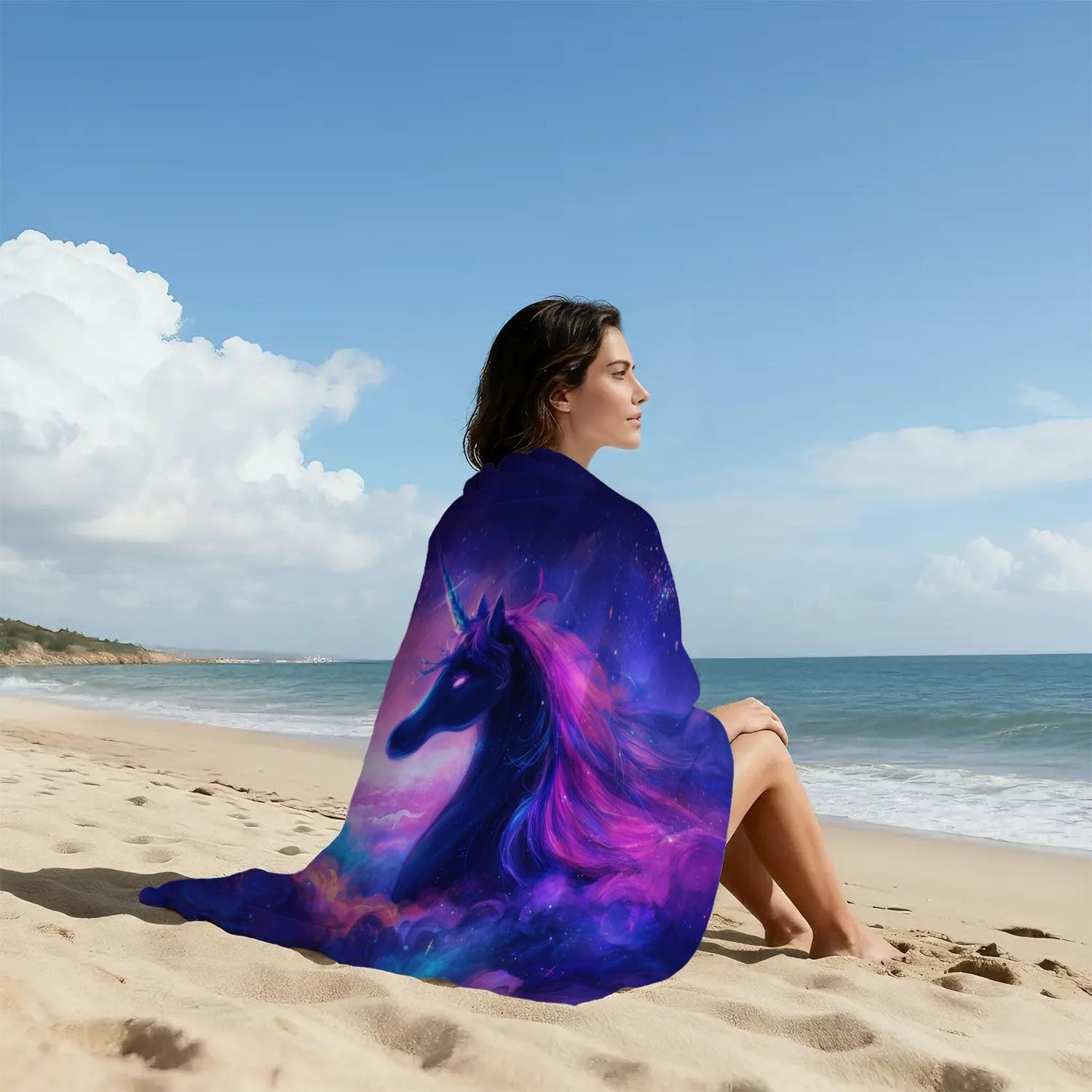 Drap de Plage Anti Sable Sechage Rapide 200 cm x 100 cm Rêveur Fantaisie Serviette de Plage Microfibre Élégant Mystérieux Espace Nébuleuse Animaux Licorne Absorbante Super Couverture de Plage