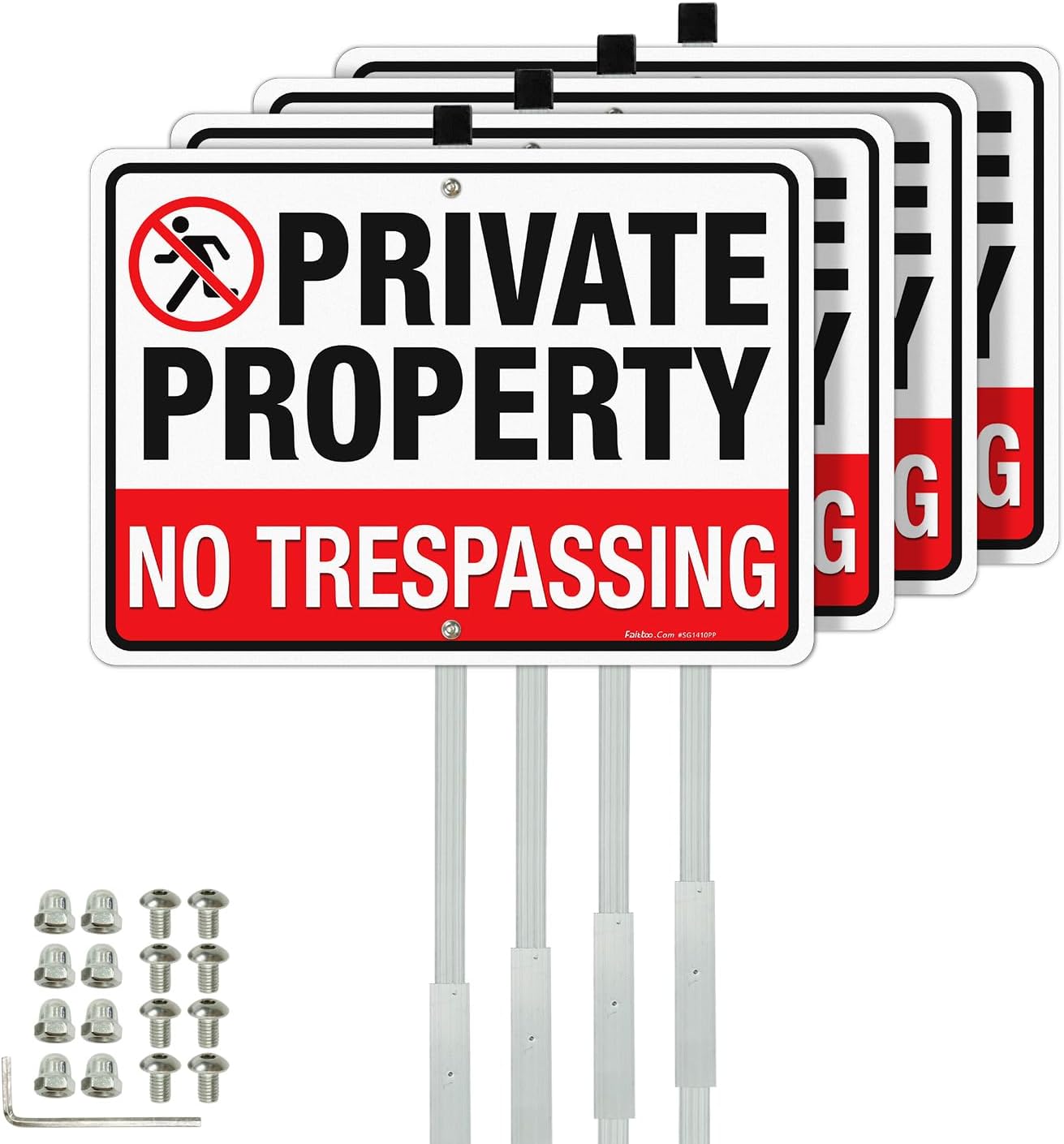Faittoo No Trespassing Sign Private Property with 36" Stake for Outside, 4-Pack 14"x10" Rust Free Heavy Aluminum, Reflective, Fade Resistant, 2 pre-drilled Holes, Includes Matching Screws & Wrench