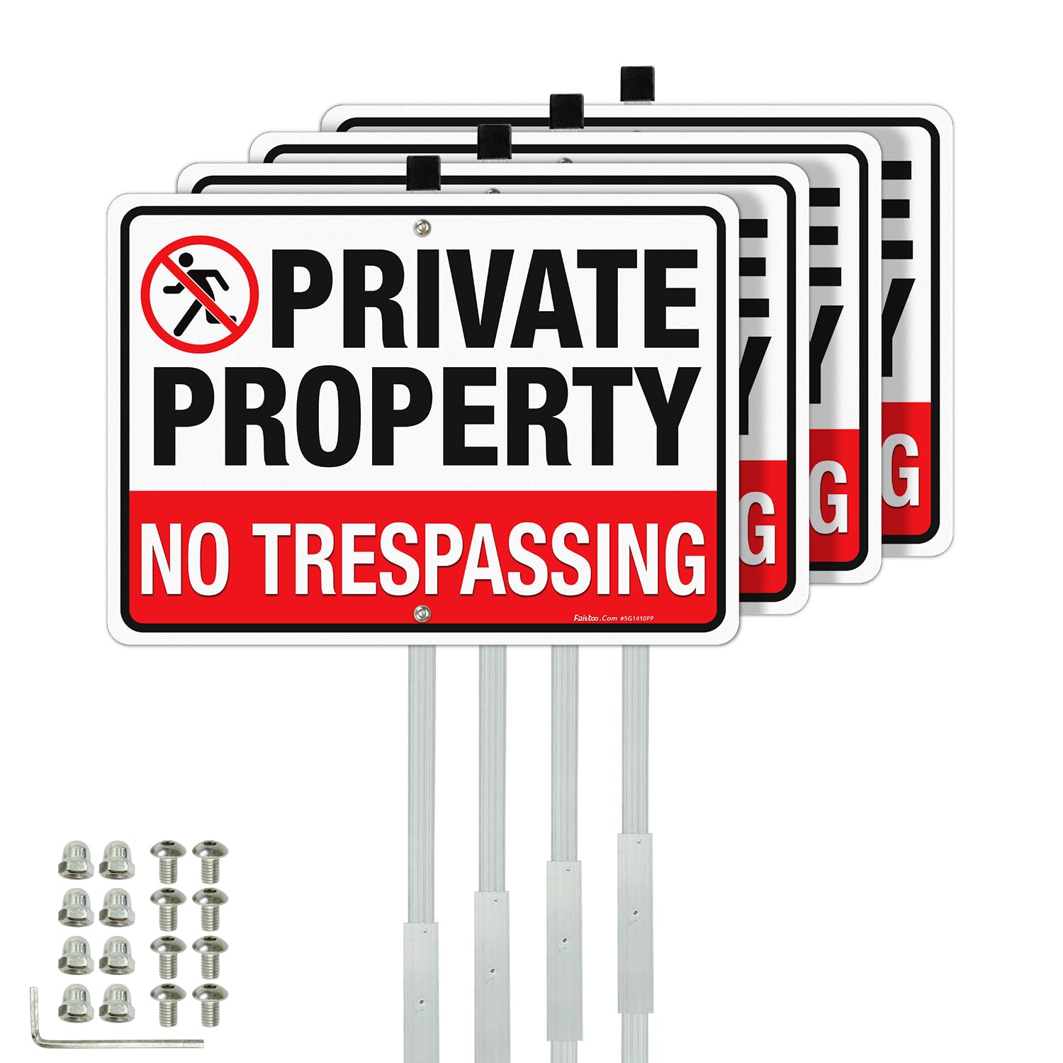 Faittoo Letrero de prohibido pasar propiedad privada con estaca de 36 pulgadas para exterior, paquete de 4 unidades de aluminio pesado libre de óxido de 14 x 10 pulgadas, reflectante, resistente a la