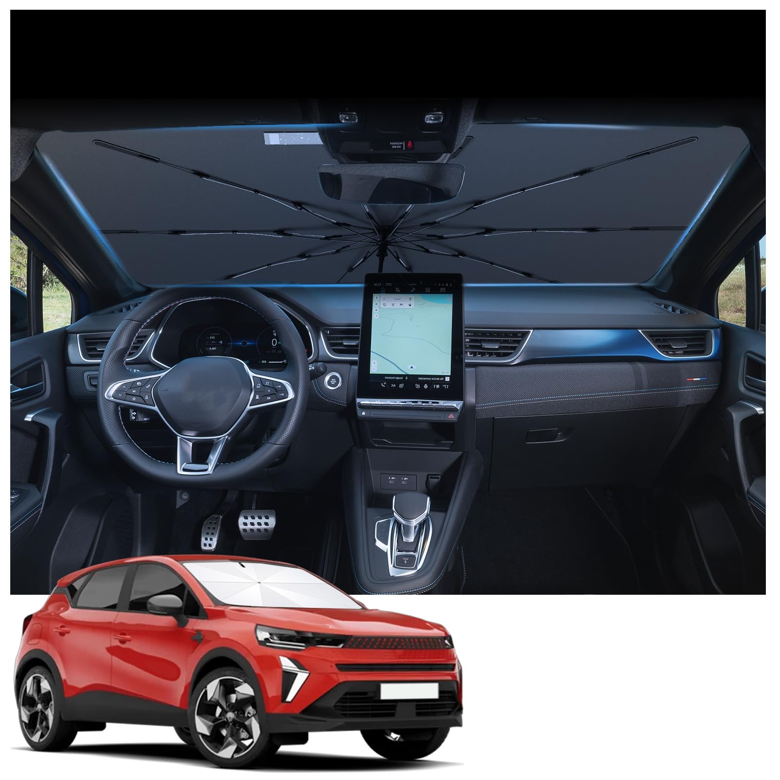 YEE PIN Paraguas parasol de alto rendimiento para coche de fibra de vidrio compatible con Renault Captur 1 2013-2019/2 2020-2025 Sombrilla parasol para coche, plegable, protección contra los rayos UV.