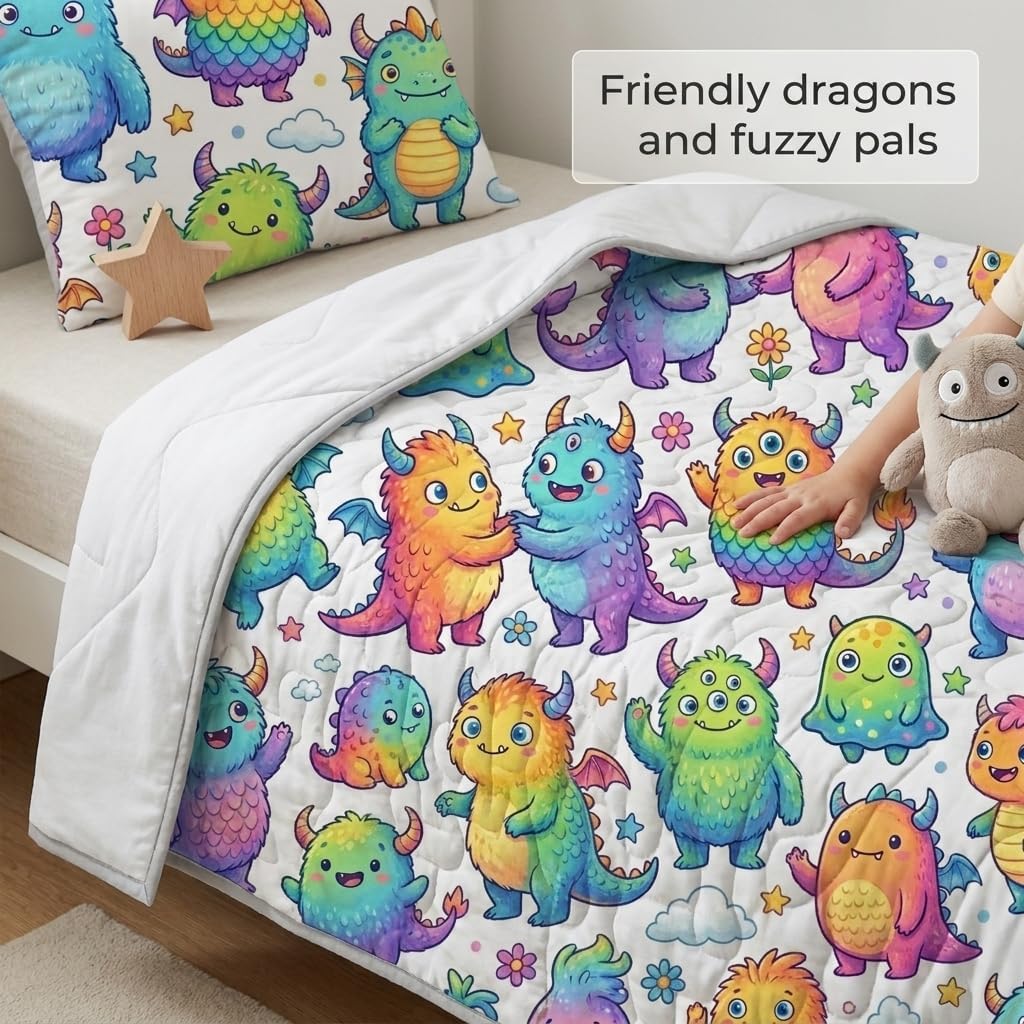 Cartoon Monster Quilt Set for Kids Bed, Colorful Rainbow Creature Pattern, Soft Lightweight Microfiber Bedding for Boys Girls Children Bedroom and Playroom, Includes Quilt and Shams, Twin