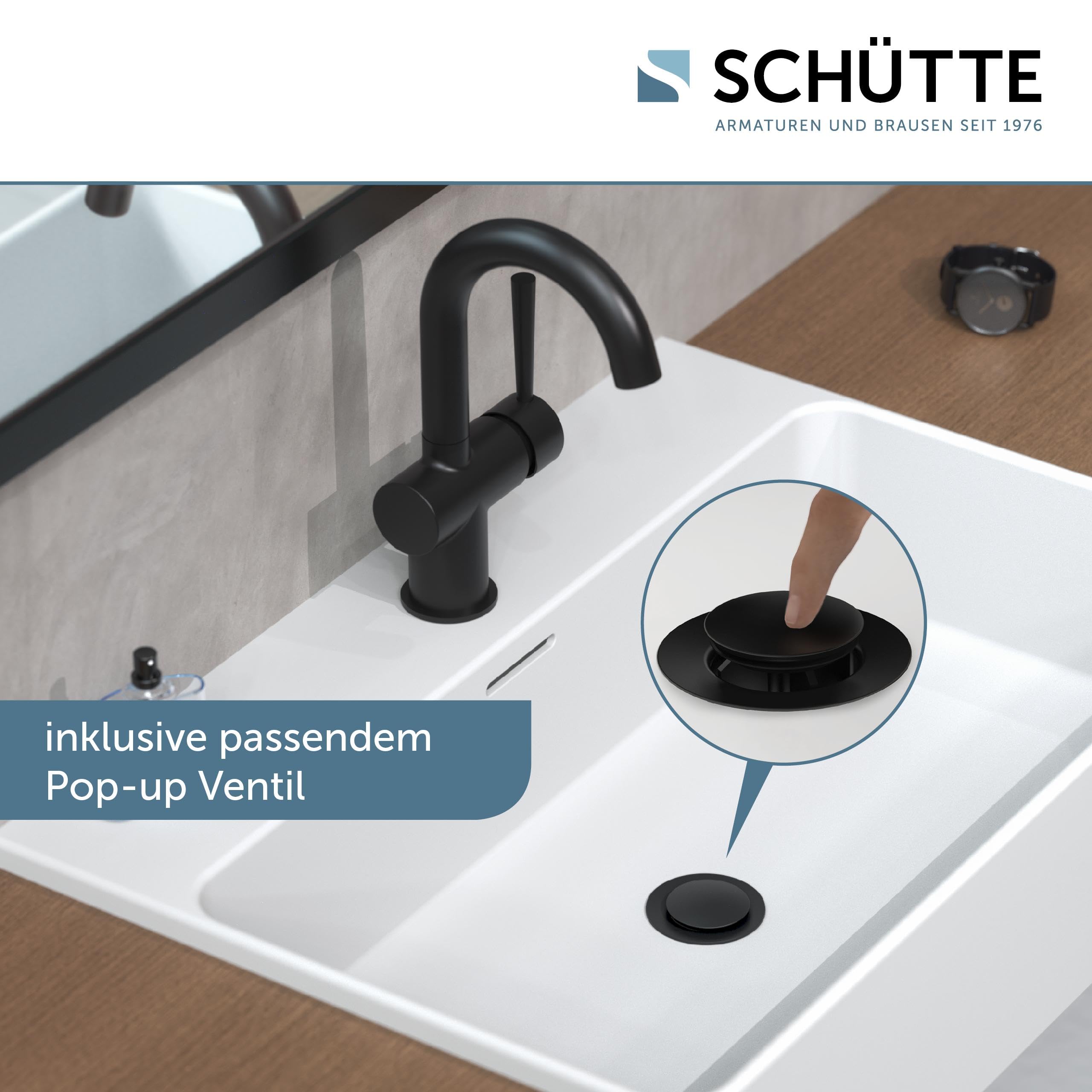 SCHÜTTE 79016 Bateria umywalkowa CORNWALL z wysokim wylewką, kran do łazienki z mimośrodowym pop-up, armatura łazienkowa z mieszaczem jednouchwytowym, bateria mieszakowa w kolorze czarnym matowym